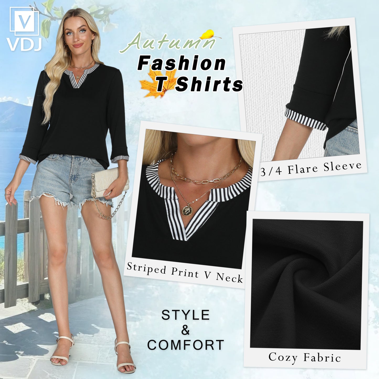 VDJ Womens 3/4 Sleeve Tops Striped Color Block Henley V Neck T Shirts Fashion Fall Tunic Cute Tee Blouse
