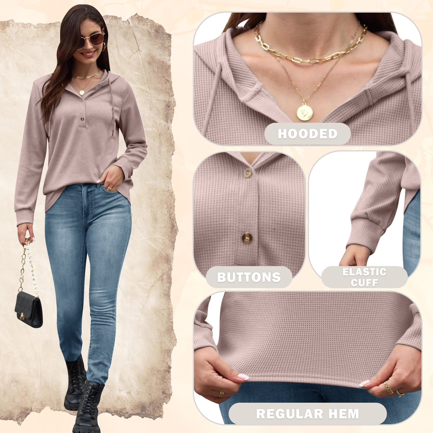 VDJ Hooded Tops for Womens Casual Loose Waffle Knitwear Drawstring Hoodies Button Cute Pink Sweatshirts