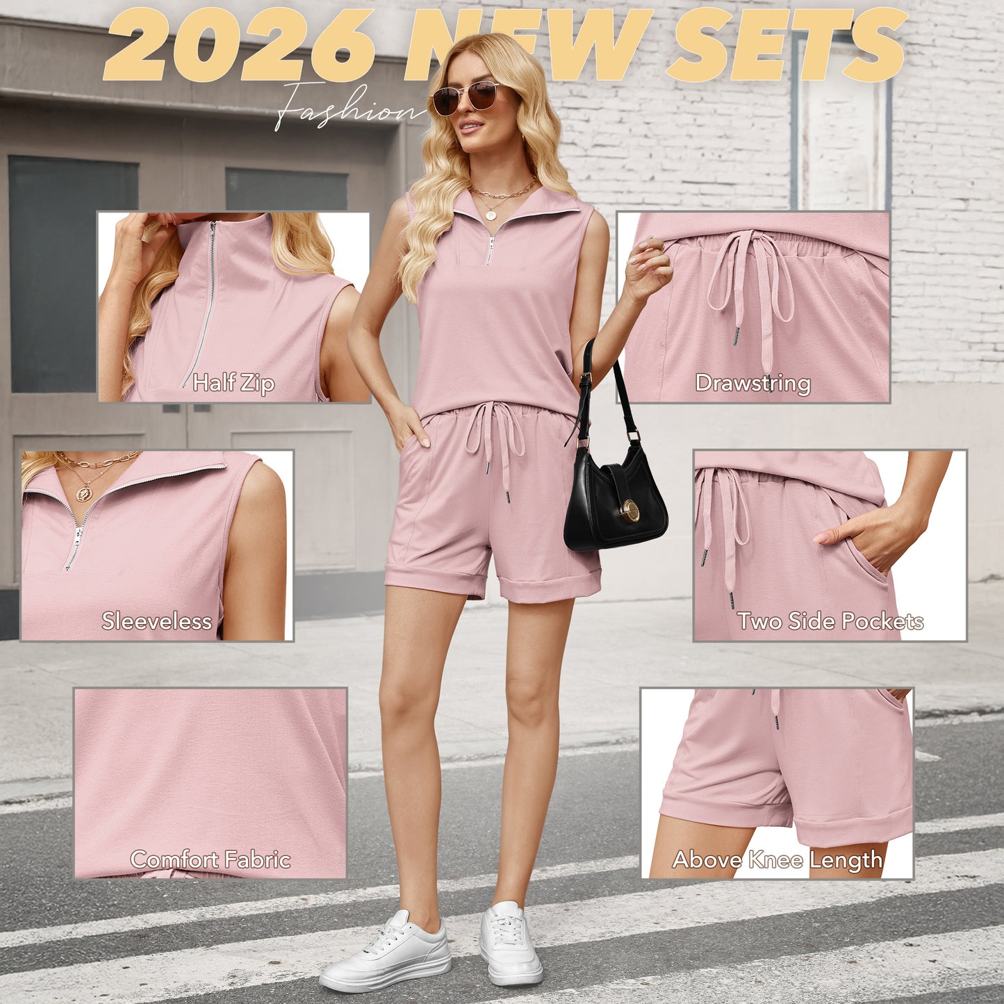 VDJ Women 2 Piece Short Sets Zip Up Collared Tank Tops Drawstring Shorts Sleeveless Outfits with Pockets Pink Sweatsuits
