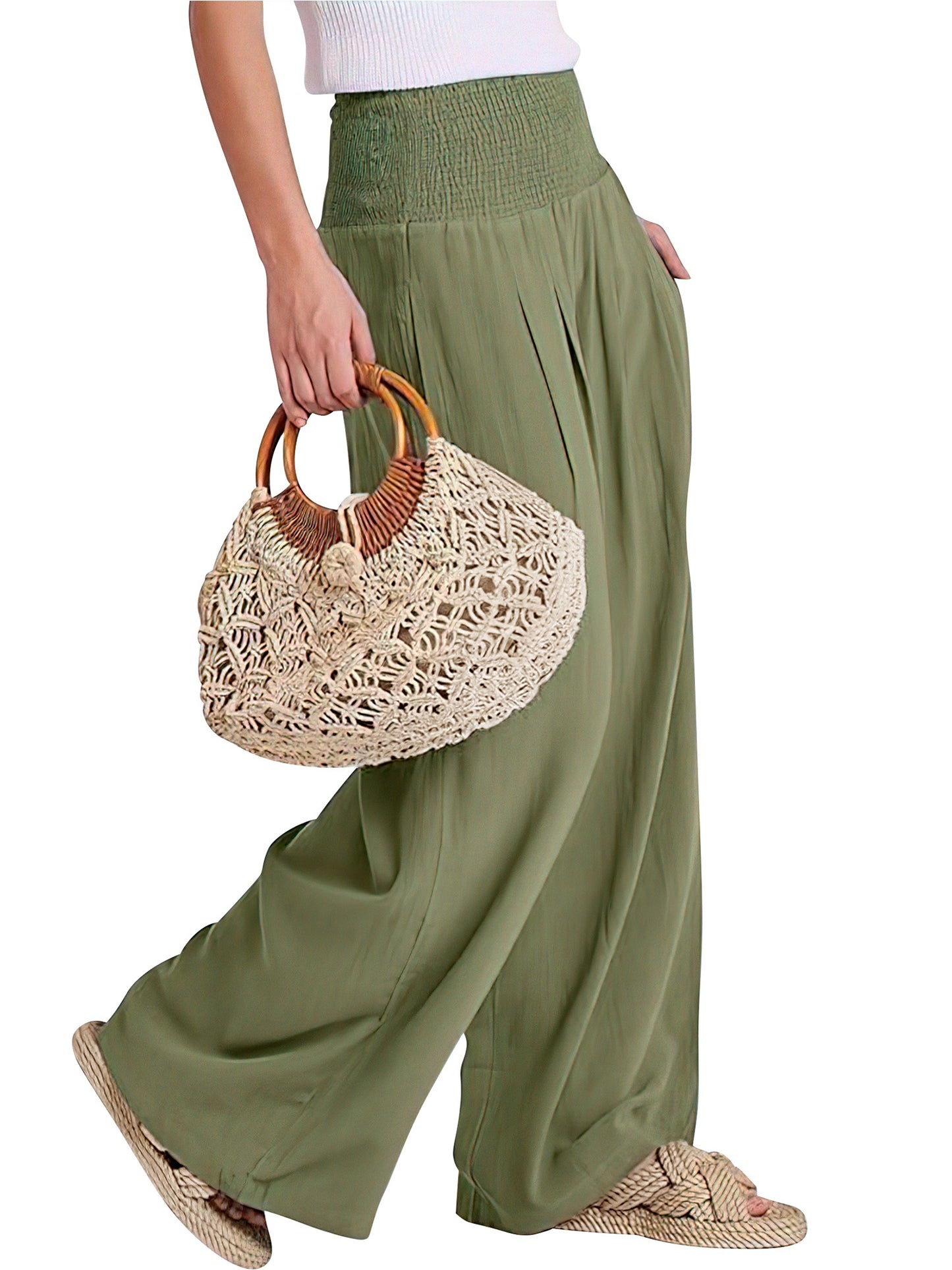 VDJ Palazzo Lounge Pants for Women Casual Comfy High Waist Flowy Green Dressy Pants Halara Trousers with Pockets