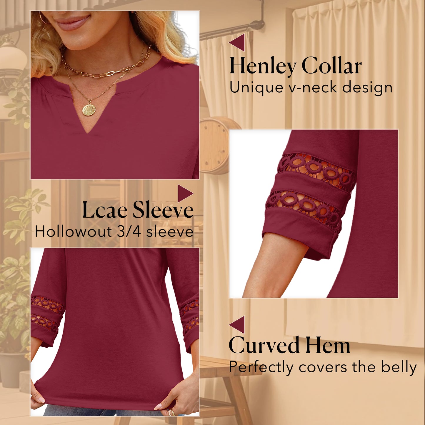 VDJ Women Blouses Casual V Neck T Shirt Loose Fit Solid Color 3 4 Length Sleeve Ladies Elegant Wine Red Tunic Tops