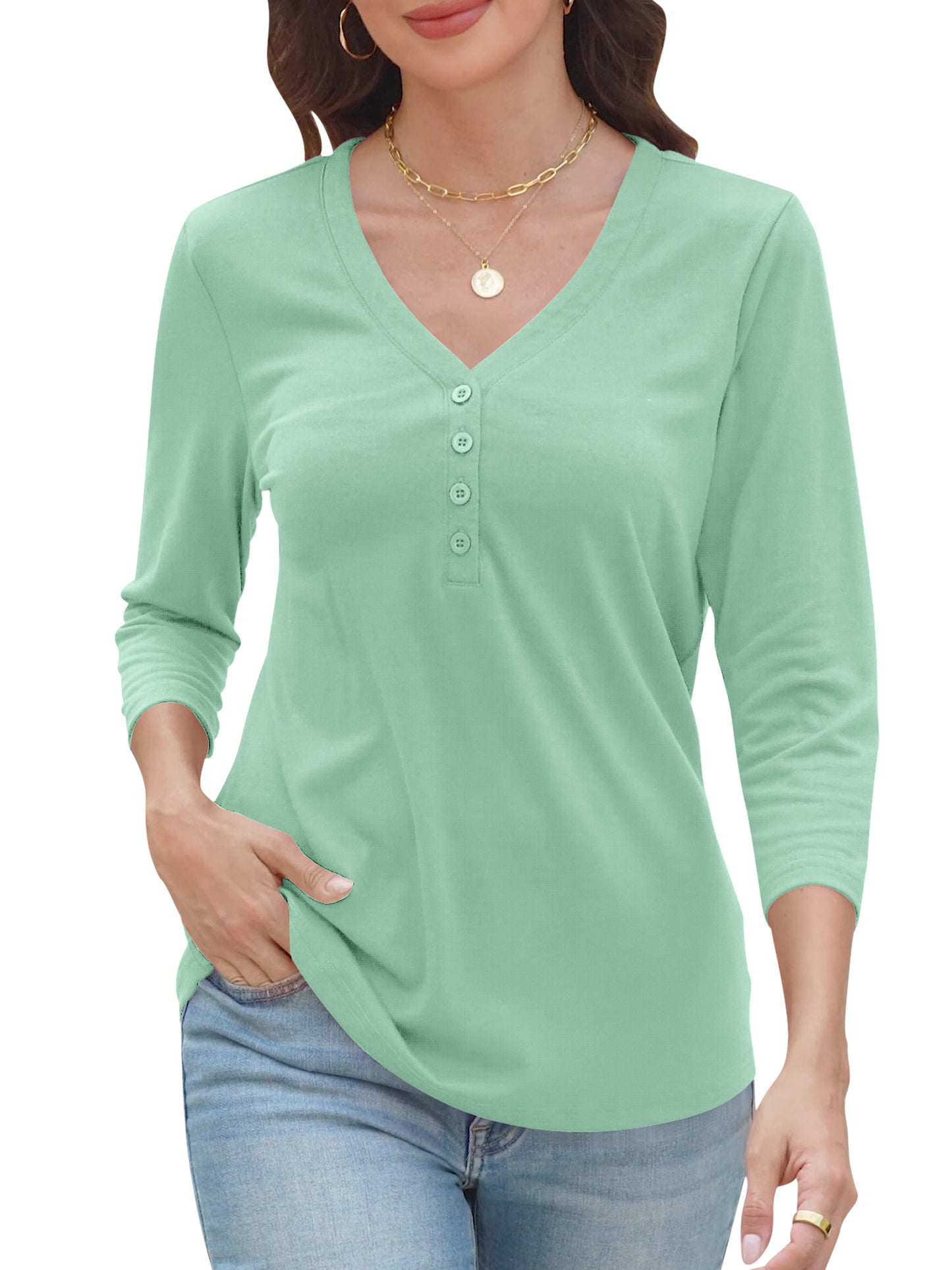 VDJ Tops for Women Button V Neck Stylish Summer Tops Leisure Baggy Lightweight Peach Pink Holiday Cute Tshirts