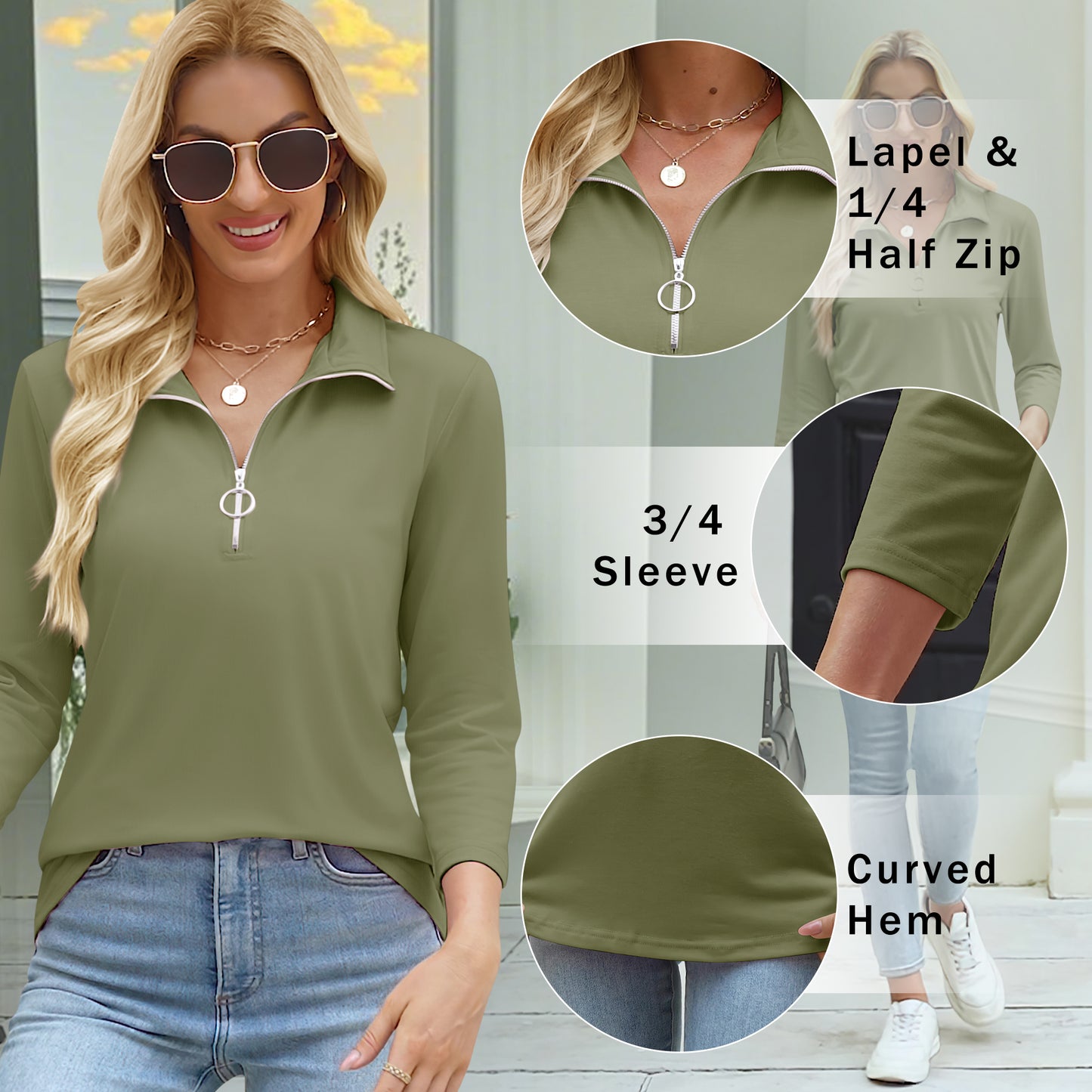 VDJ Summer T Shirts for Women Solid Color Lightweight Tee Blouse Casual Loose 3/4 Length Sleeve Zip V Neck Shirts