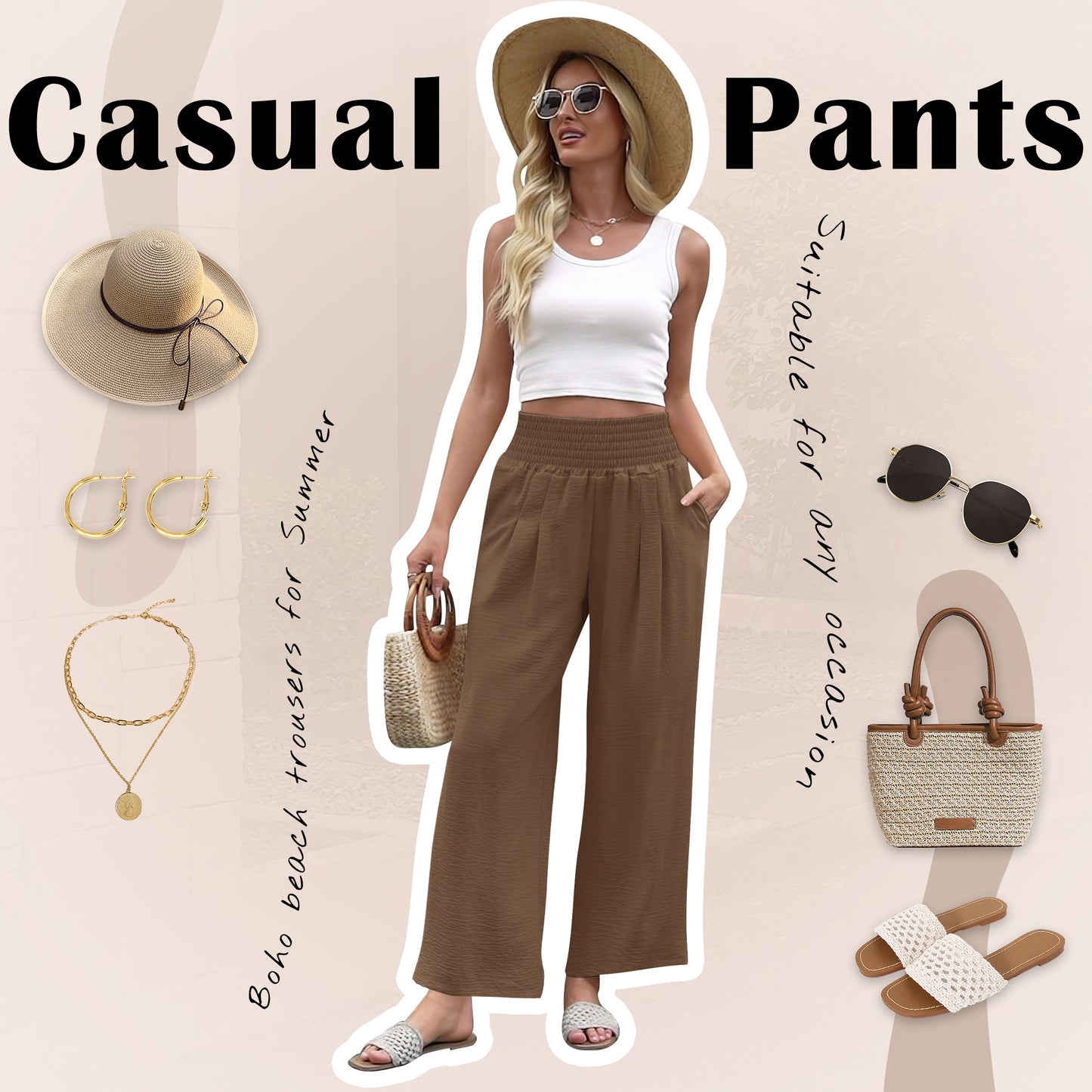 VDJ Womens Casual Pants Elastic High Waist Summer Coffee Lounge Pants Lightweight Flowy Beach Trousers Clothing