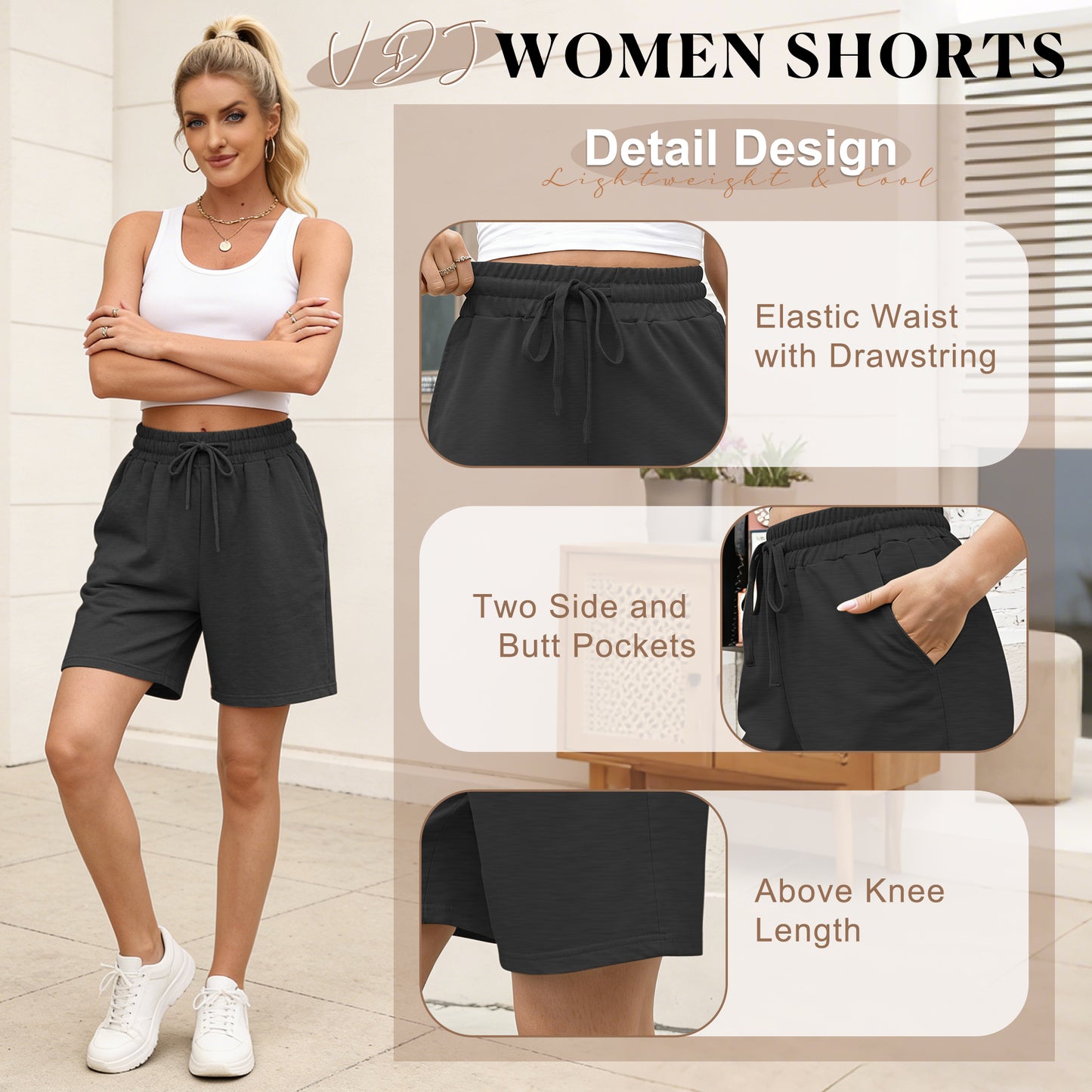 VDJ Sweat Shorts with Pockets for Women 9" Athletic Sports Bermuda French Terry Knee Lounge Shorts