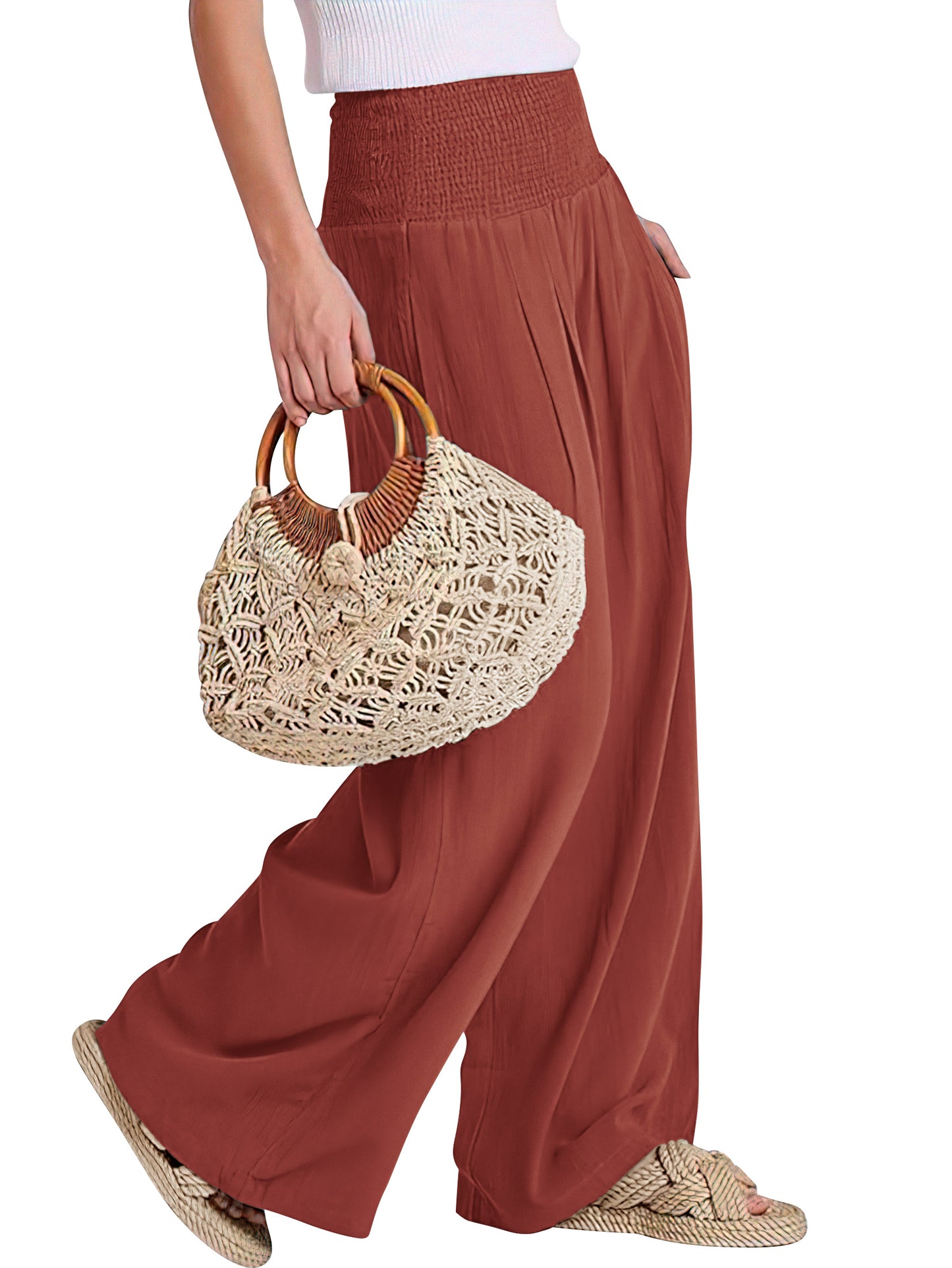 VDJ High Waist Wide Leg Pants for Women Summer Boho Fashion Cool Palazzo Pants Rustred Dress Pants