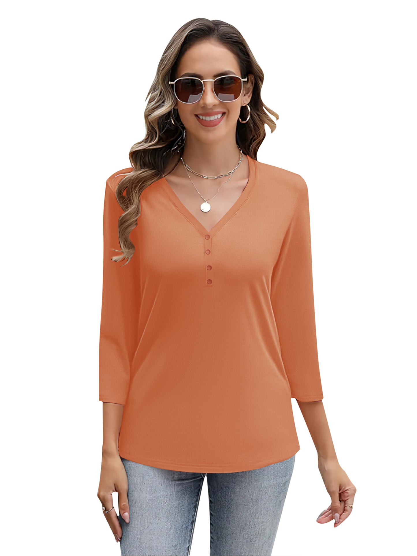 VDJ Womens 3/4 Sleeve Tops Summer V Neck Casual Coral Basic Tees Loose Fit Blouses