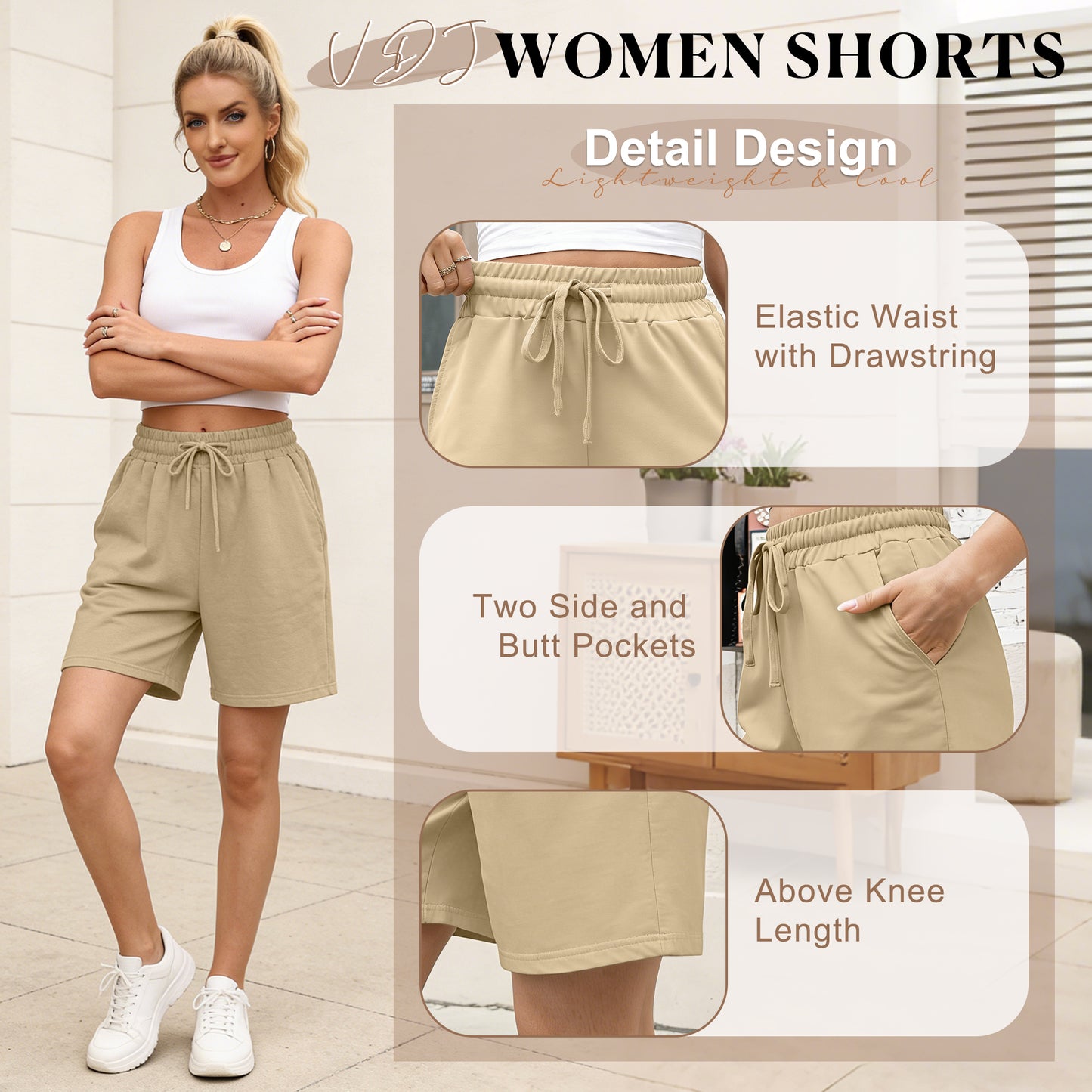 VDJ Women Shorts Comfort Soft Athletic Shorts Loose Lightweight Bermuda Khaki Knee Shorts with Pockets