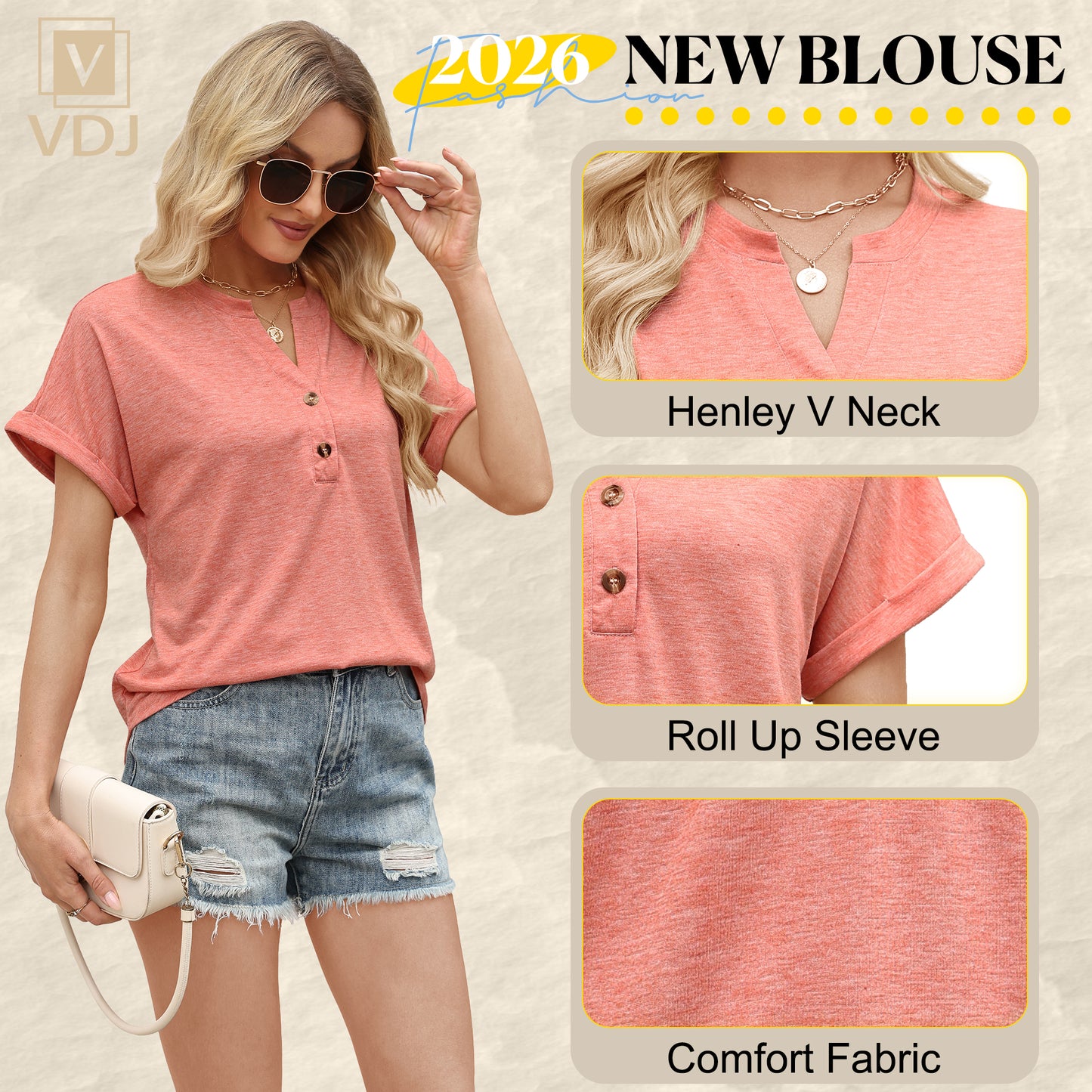 VDJ Womens Tops Fashion Short Sleeve Summer Button V Neck Shirts Loose Cute Coral Tunic Blouses for Ladies