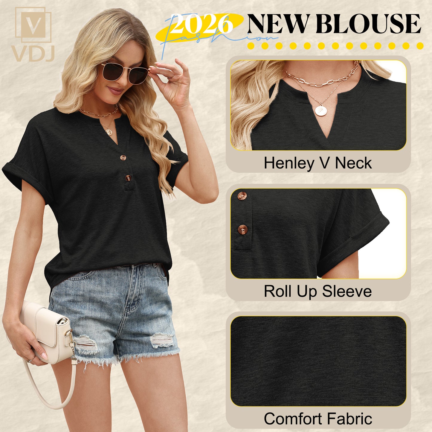 VDJ Tops for Women Summer Short Sleeve Button Up Solid Tee Shirts Casual Loose Henley Collared Black Shirt Clothing