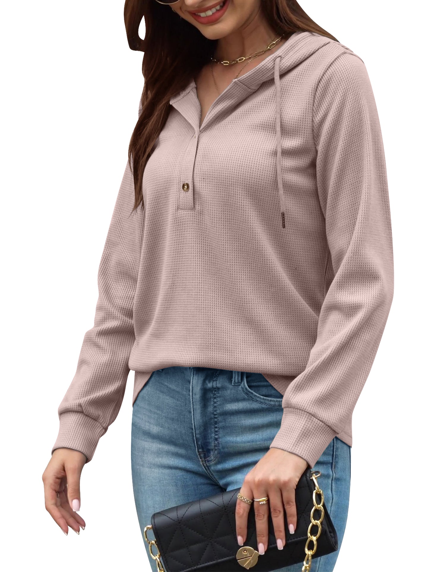 VDJ Hooded Tops for Womens Casual Loose Waffle Knitwear Drawstring Hoodies Button Cute Pink Sweatshirts