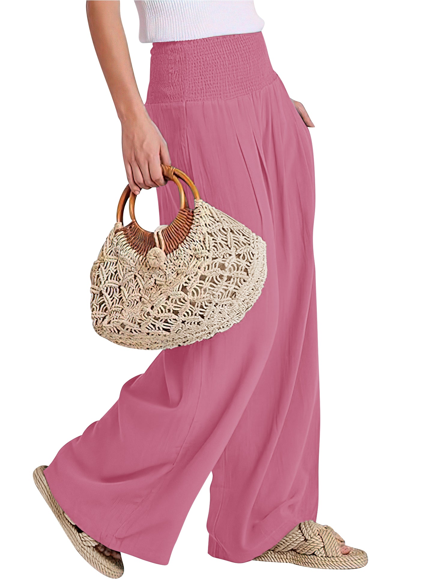 VDJ Summer Pants for Women Wide Leg Dress Pants Elastic Waist Palazzo Pants Dusty Pink Trousers with Pocket