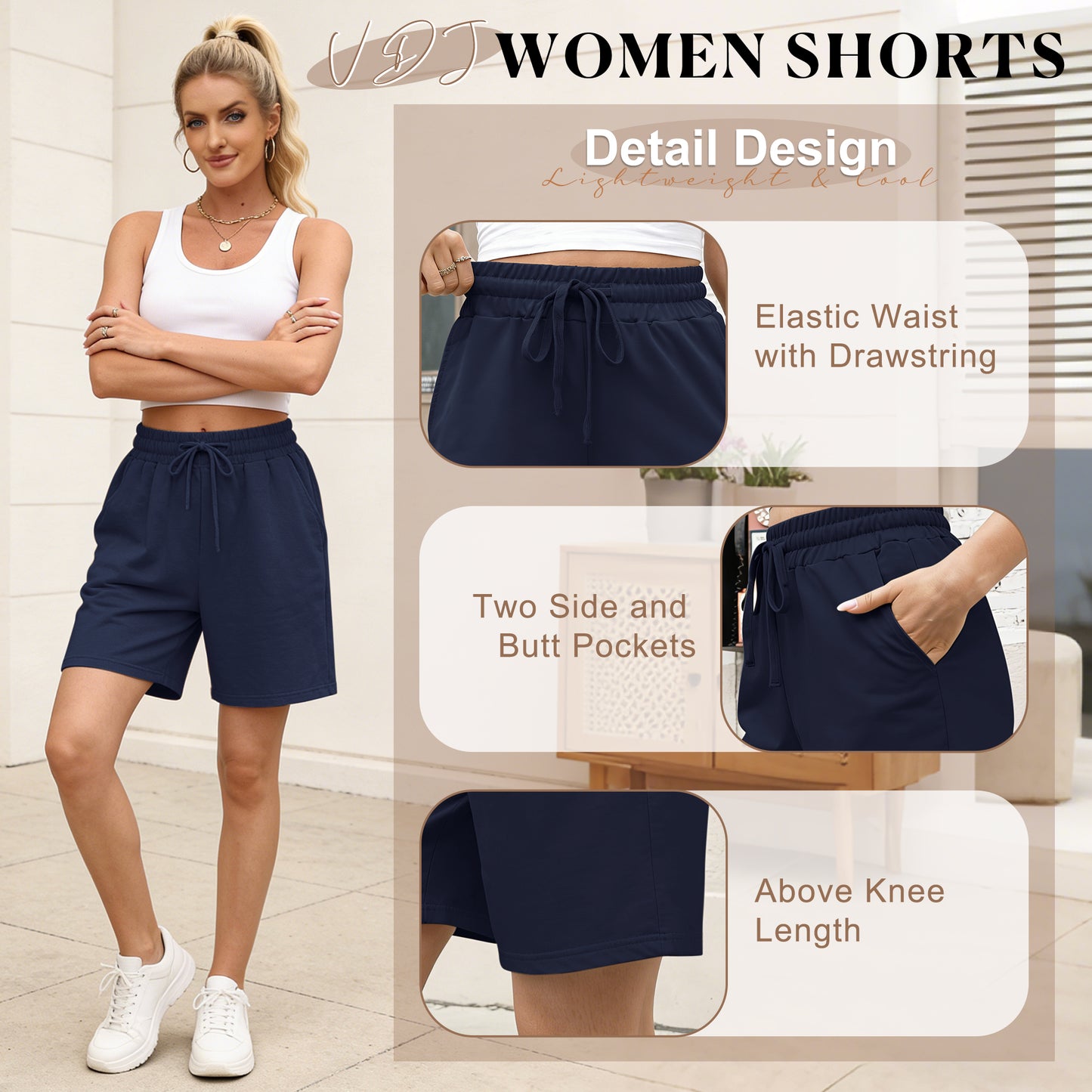 VDJ Sweat Shorts with Pockets for Women 9" Athletic Sports Bermuda French Terry Knee Lounge Shorts