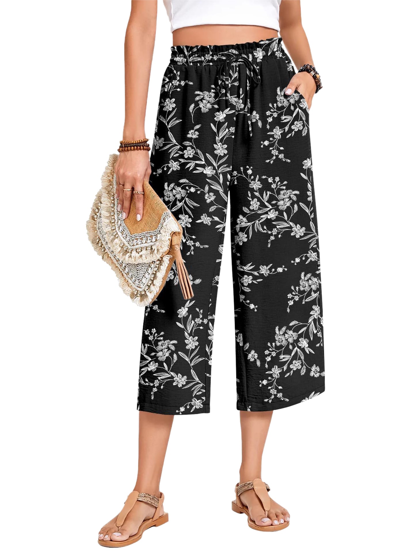 VDJ Womens Capri Pants Elastic Waisted Drawstring Wide Leg Dressy Pants Summer Beach Pockets Cropped Trousers