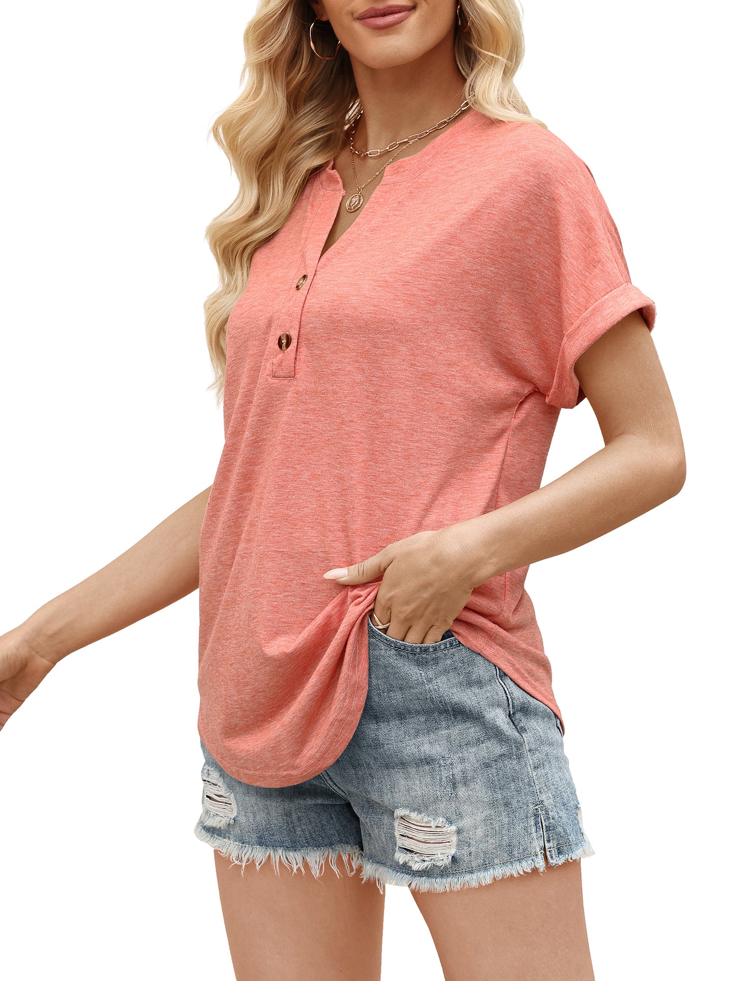 VDJ Womens Tops Fashion Short Sleeve Summer Button V Neck Shirts Loose Cute Coral Tunic Blouses for Ladies