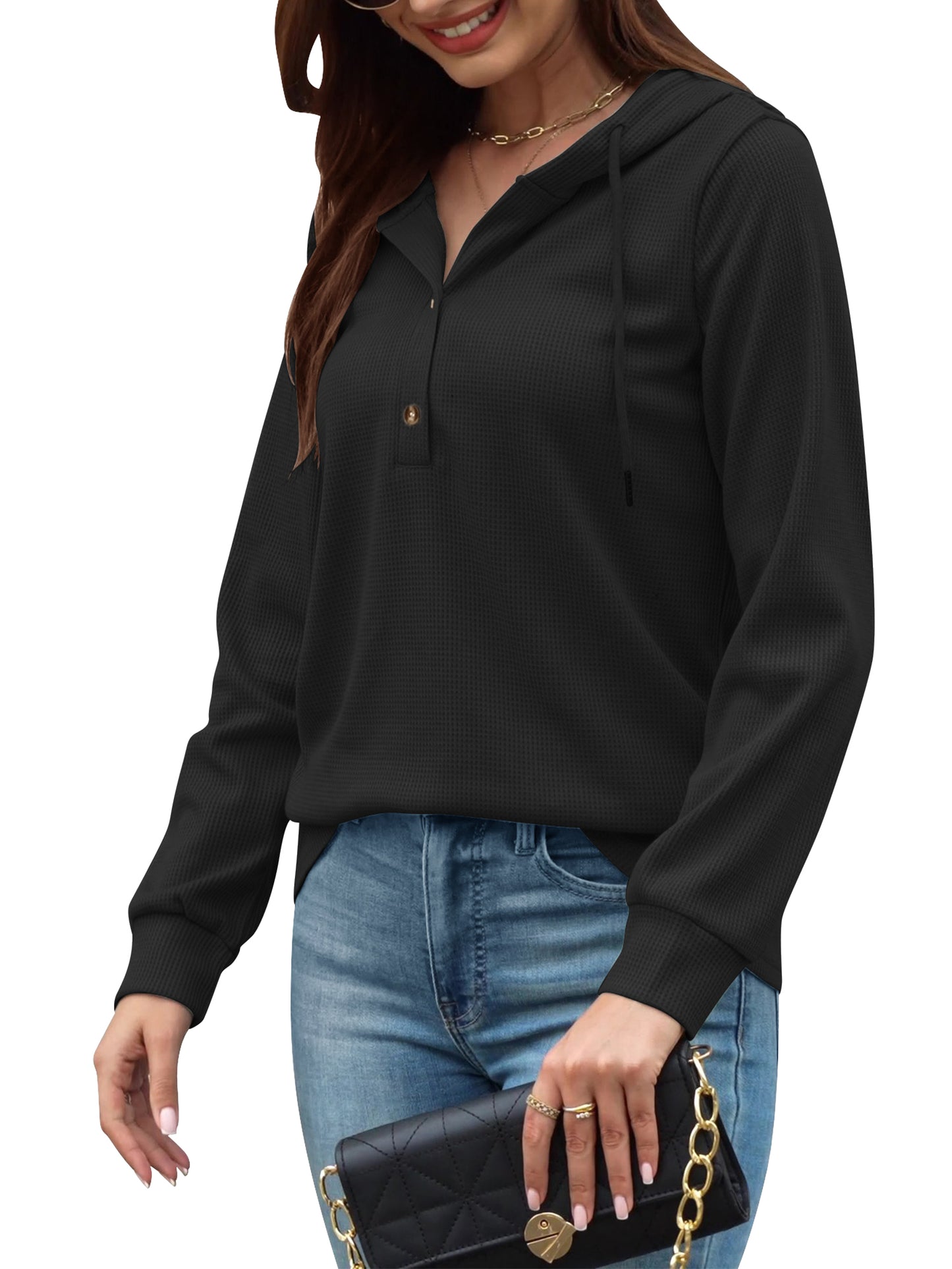 VDJ Hoodies for Women Casual Long Sleeve Fall Sweatshirts Pullover Drawstring Hood Tops Black Womens Clothes