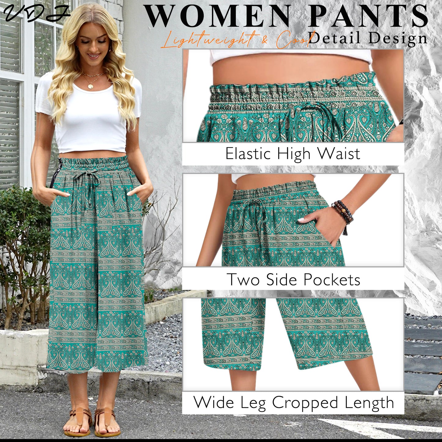 VDJ Women's Cropped Pants Summer Boho Fashion Floral Printed Wide Leg Capri Business Work Pants with Pockets