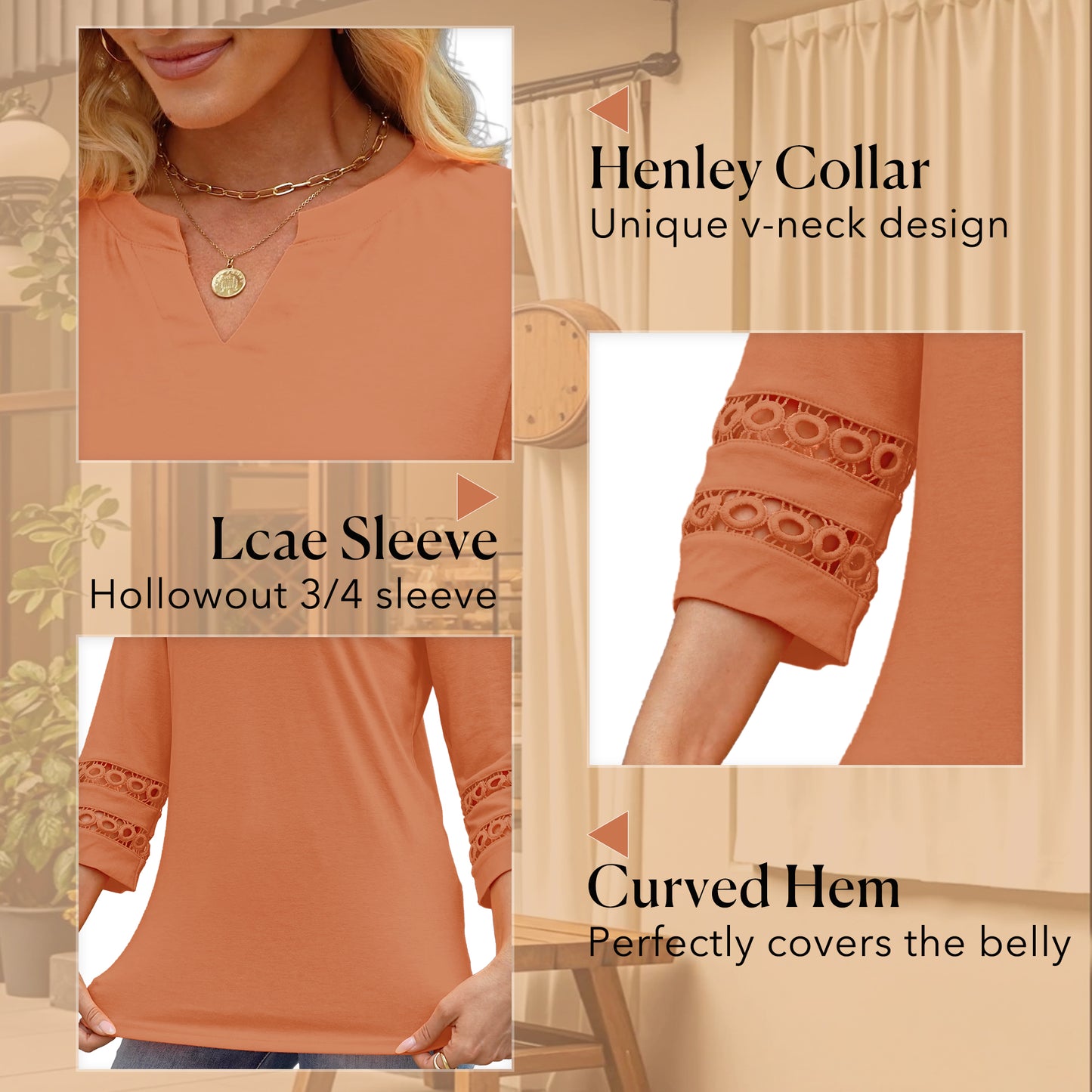 VDJ Summer Blouses for Women Casual Loose Hollow Out 3/4 Sleeve V Neck Shirts Trendy Cool Coffee Henley Tshirts