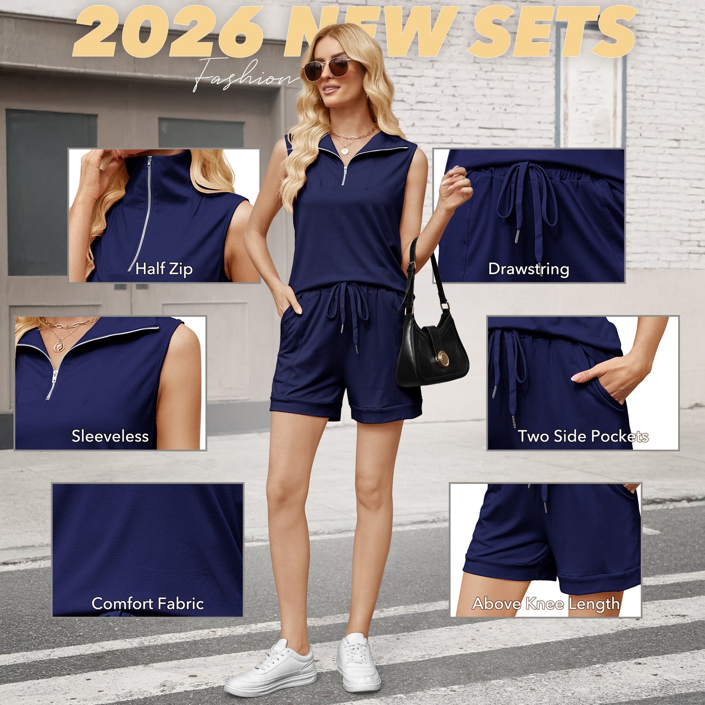 VDJ Women's 2026 Summer Outfits Half Zip Lapel Collar Tank Tops Shorts Set Sweatsuits Drawstring Navy Blue Lightweight Loungewear