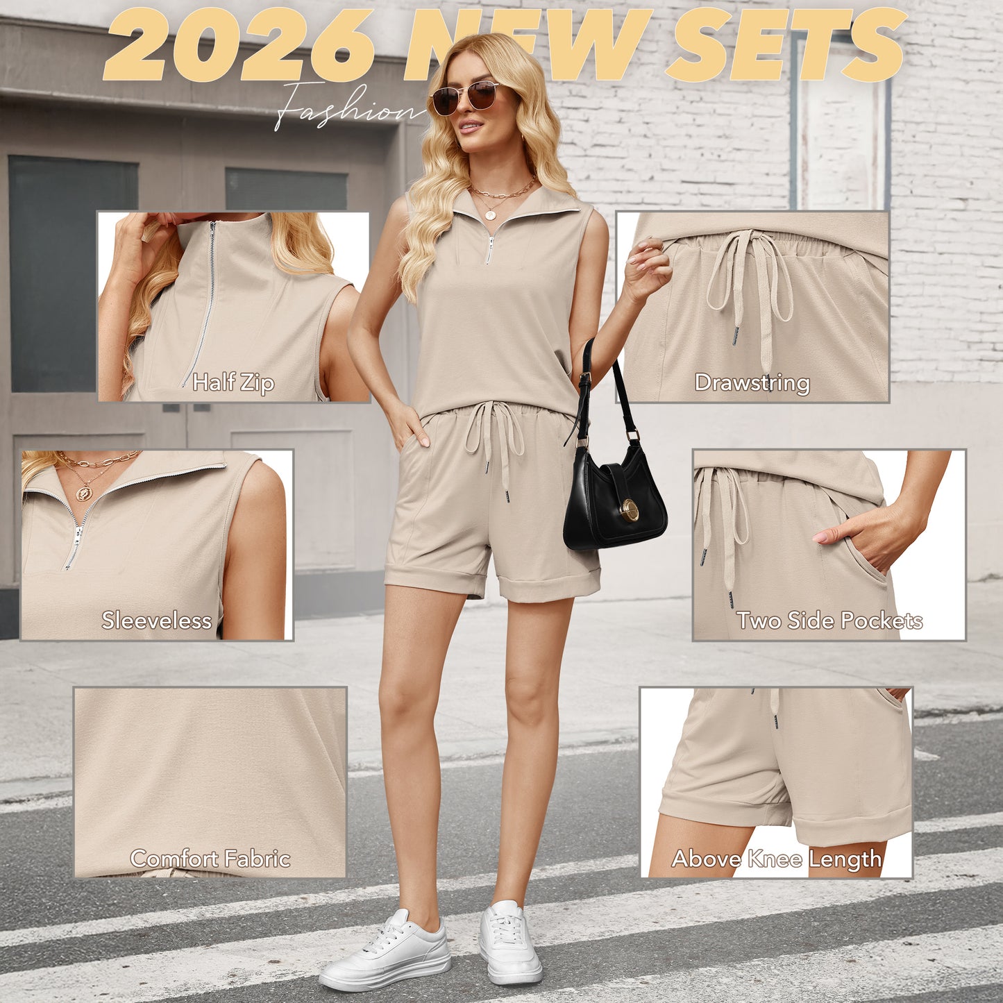 VDJ Two Piece Outfits for Women Lounge Sets Vest Tops and Shorts Set Sweatsuits with Pockets Beige Sleeveless Fashion Tracksuit