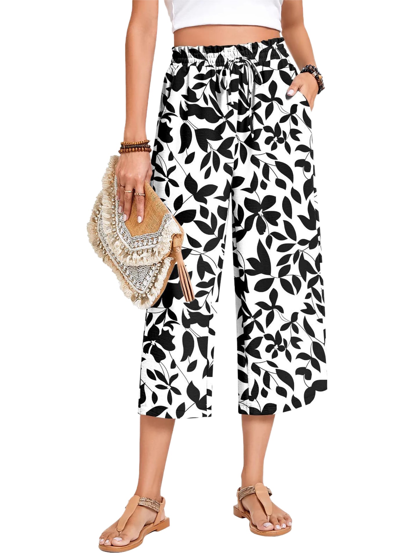 VDJ Women Summer Pants Elastic Waist Floral Bohemian Wide Leg Capri Pants Palazzo Casual Cropped Pants