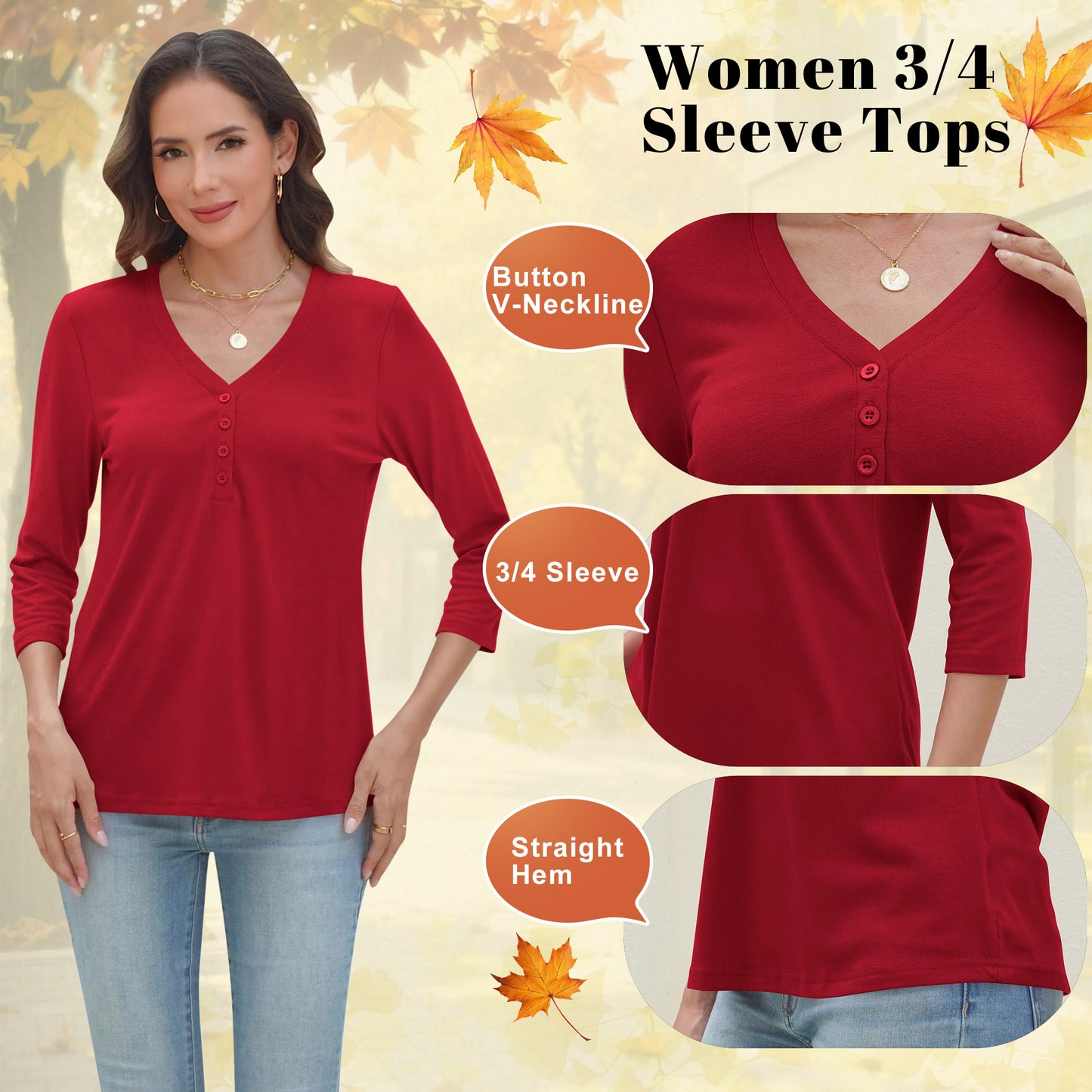 VDJ Women Blouses 3/4 Sleeve Sleeve Button V Neck Tshirts Cozy Soft Lounge Red Tee Tops Clothing