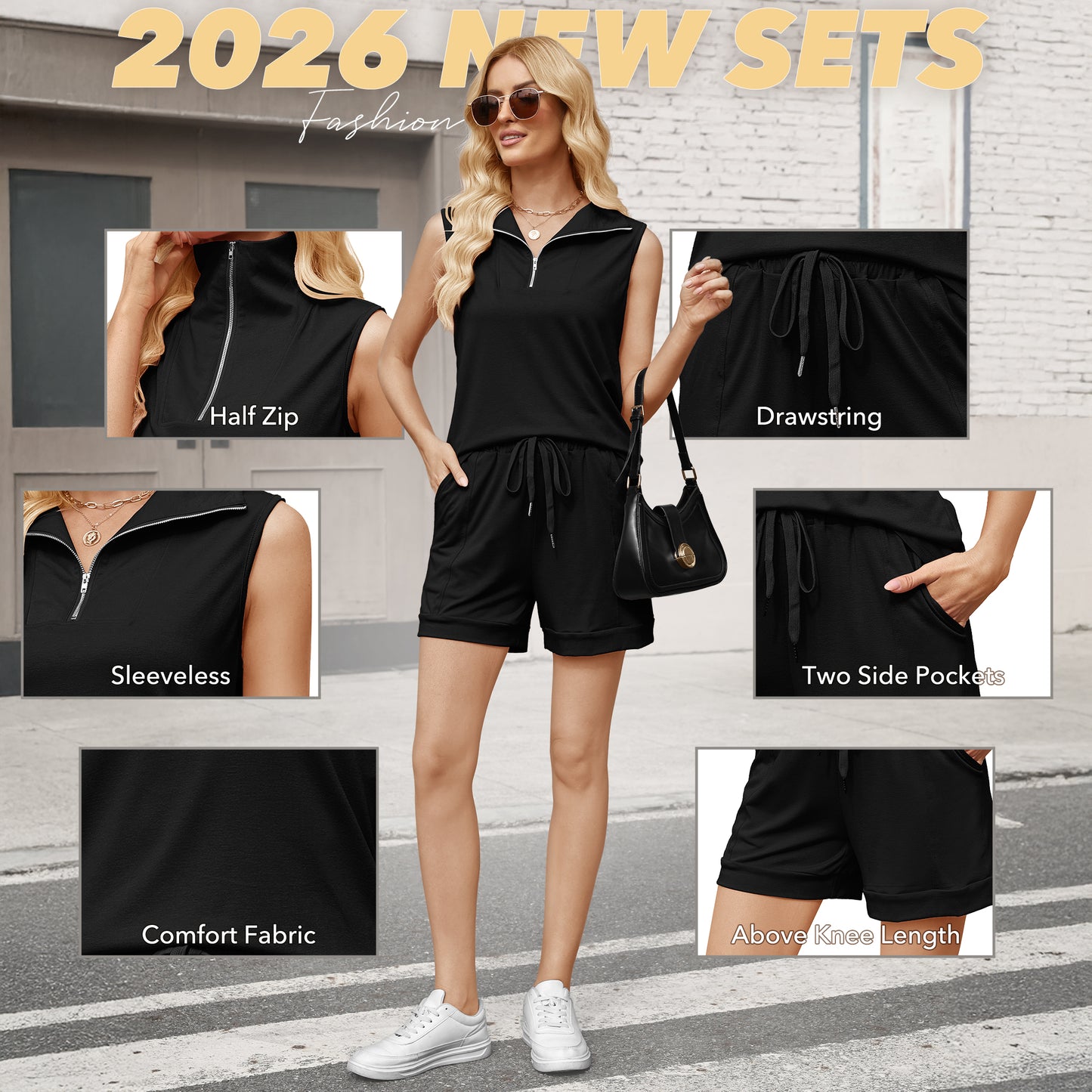 VDJ 2 Piece Sets for Women Sleeveless Zipped Tops Elastic Waisted Shorts Summer Tracksuit Black Casual Lounge Sets