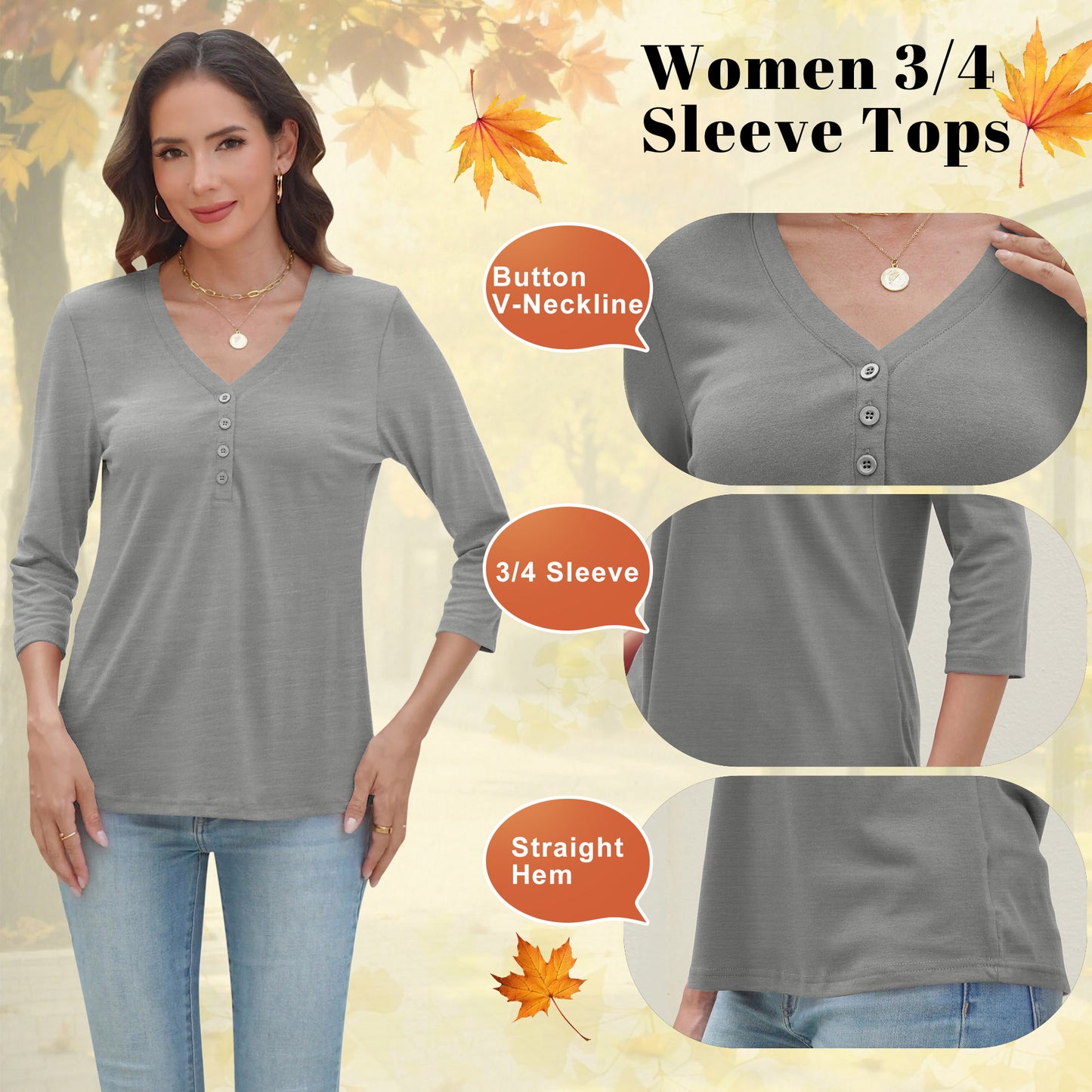 VDJ T Shirts for Women 3/4 Sleeve Summer Fall Basic Tee Solid Color Comfort Cool Light Grey Tunic Tops