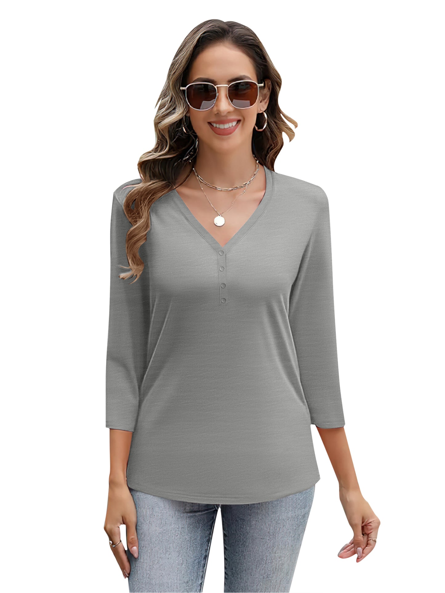 VDJ T Shirts for Women 3/4 Sleeve Summer Fall Basic Tee Solid Color Comfort Cool Light Grey Tunic Tops
