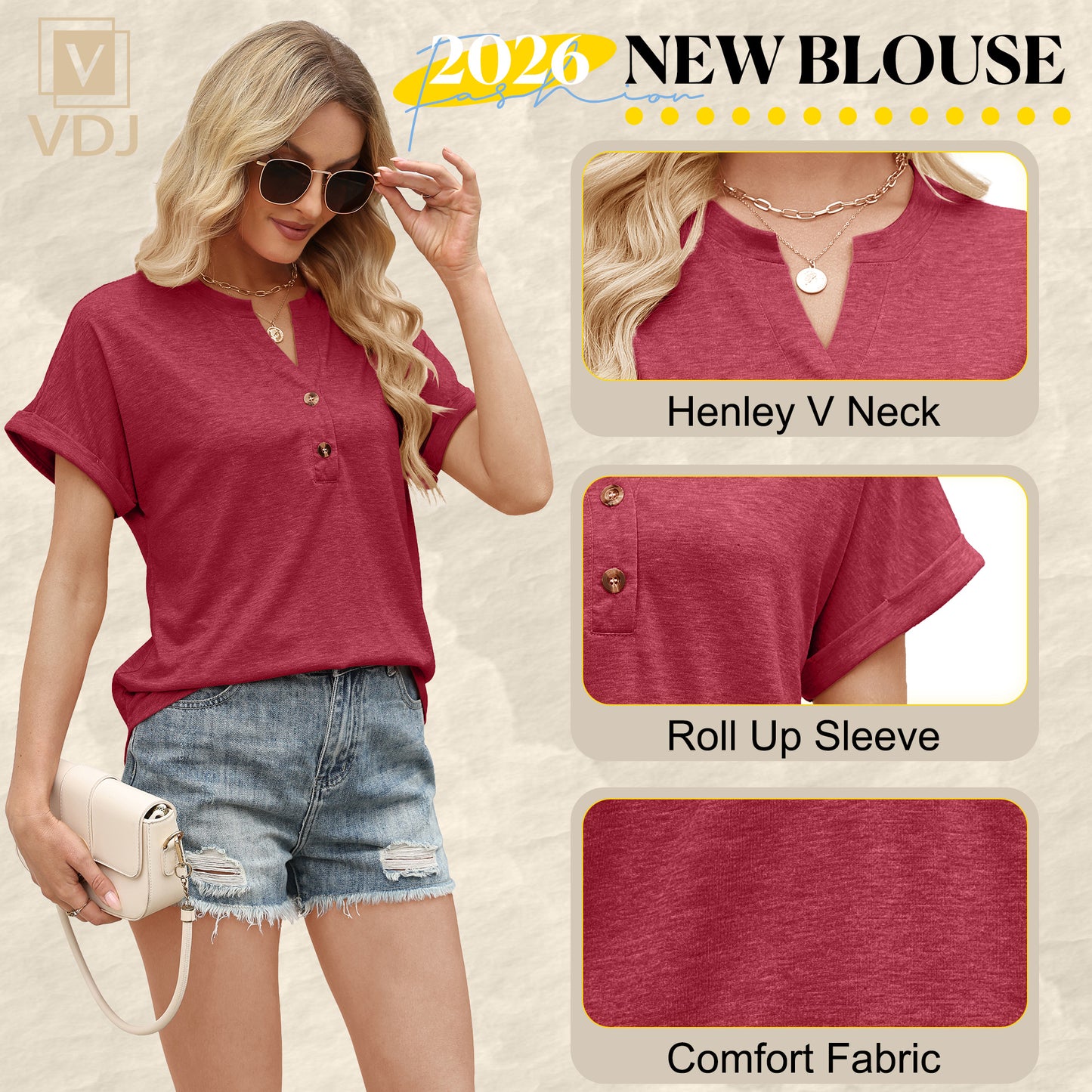 VDJ Womens T Shirt Short Sleeve Henley Collar Casual Dressy Shirts Button Up Plain Color Burgundy Chic Blouse
