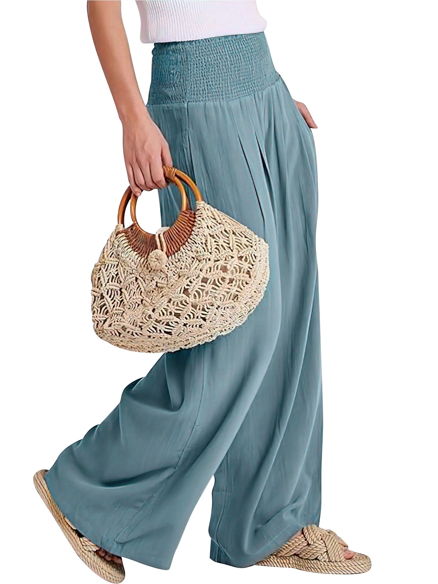 VDJ Women's Pants Summer Bohemian Wide Leg Flowy High Waist Holiday Beach Pants Travel Outfits Side Pockets
