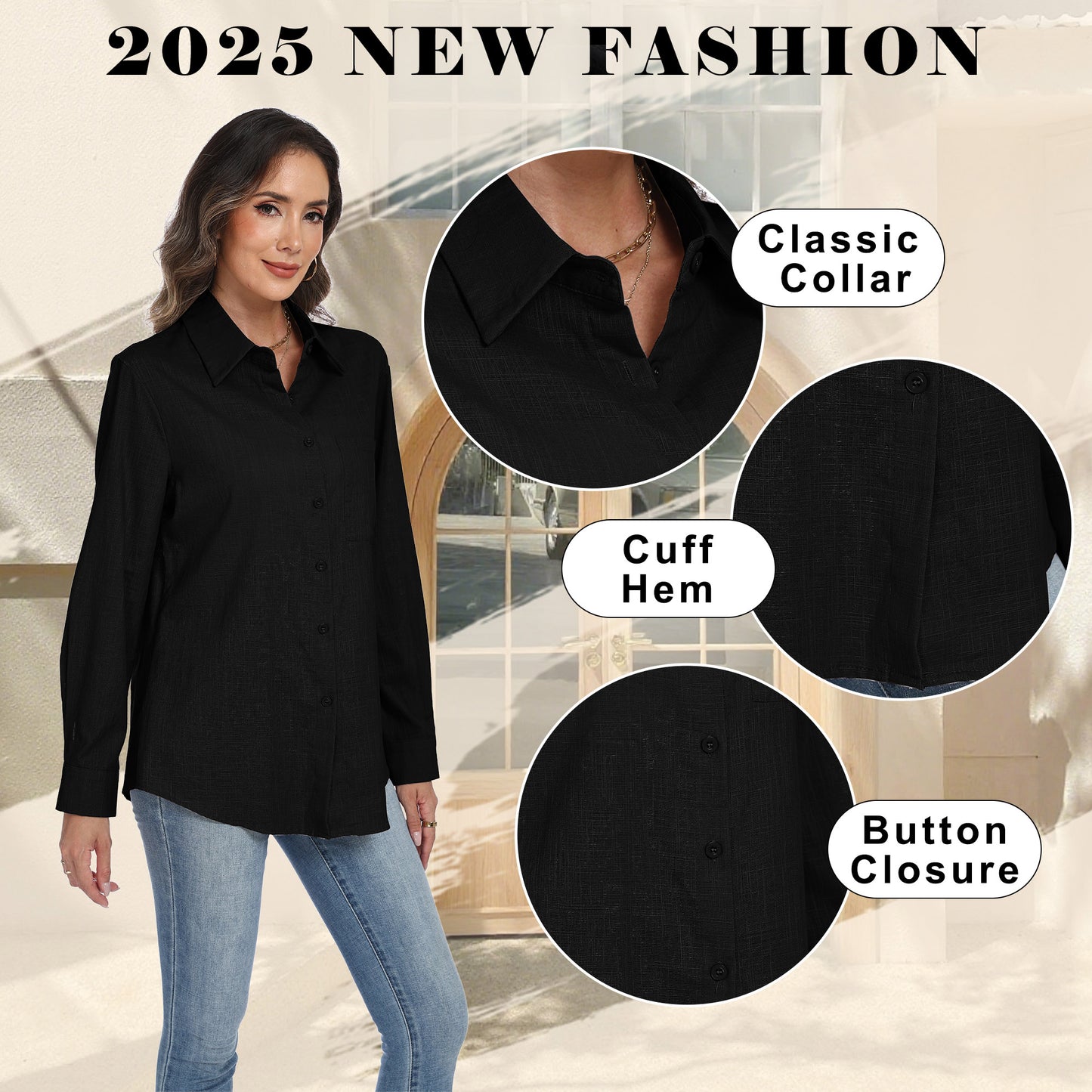 VDJ Button Down Shirts for Women Dressy Casual Solid Color Long Sleeve Collared Blouse Office Work Tops with Pockets