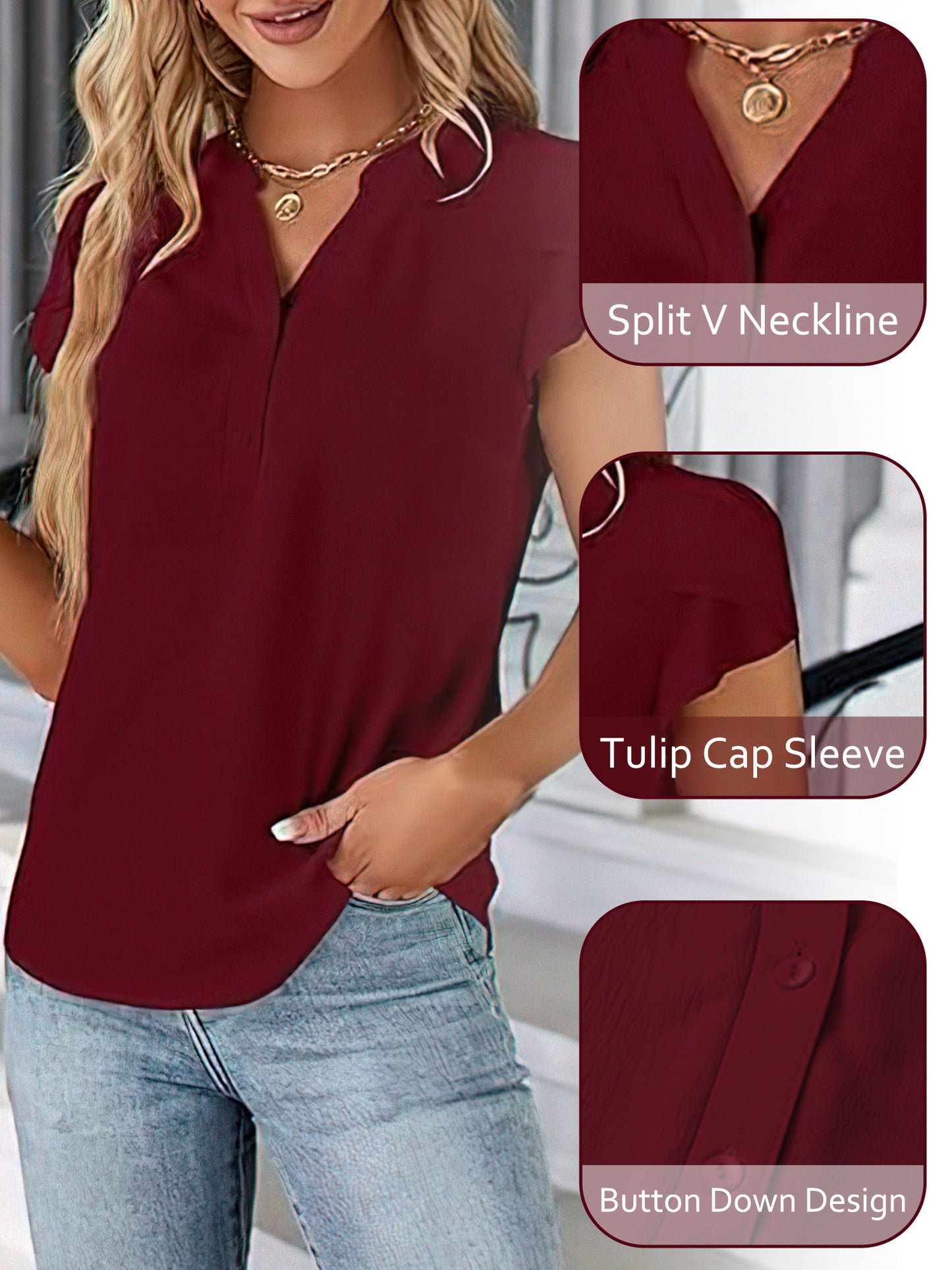 VDJ Womens Tops Casual Fit Dressy Blouse Petal Short Sleeve Button Up V Neck Lightweight Fashion Tee Elegant Wine Red Shirts