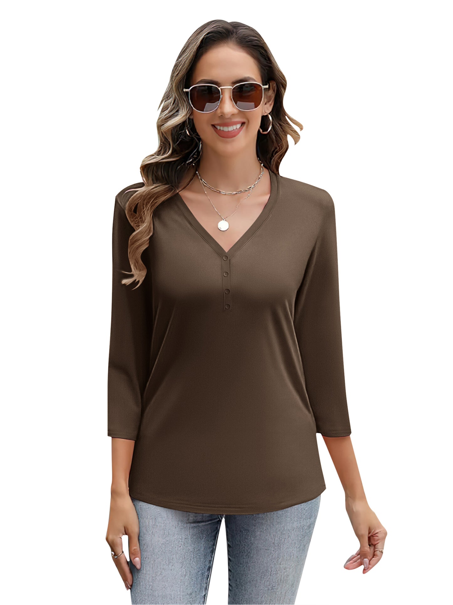VDJ Women's 2025 Fashion Tops 3/4 Sleeve T-Shirts Cute V Neck Basic Business Tees Coffee Blouses