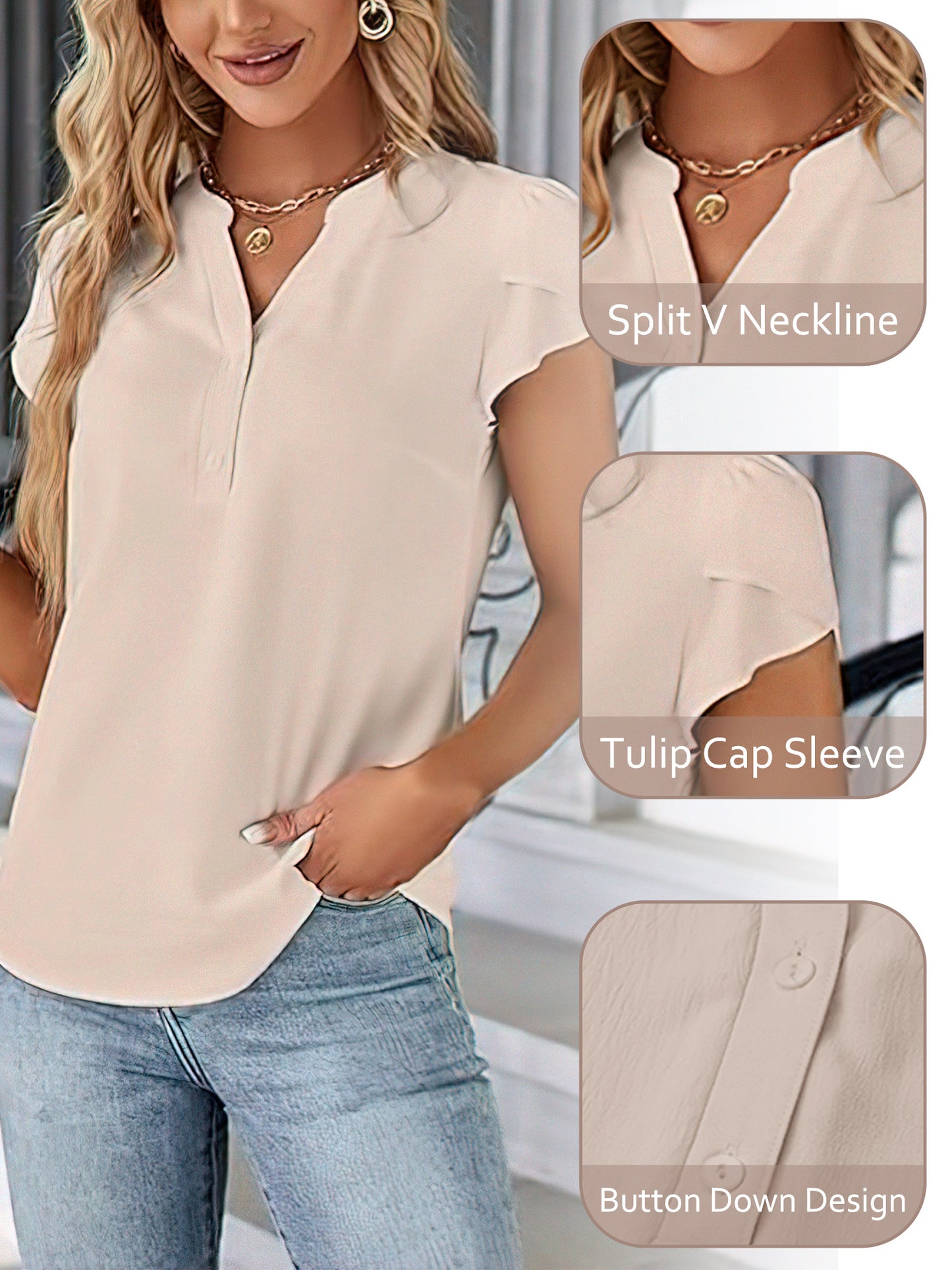 VDJ Womens Summer Tops Button V Neck Cap Sleeve Summer Casual Fit Dressy Blouses Beige Tee shirts for Women Elegant