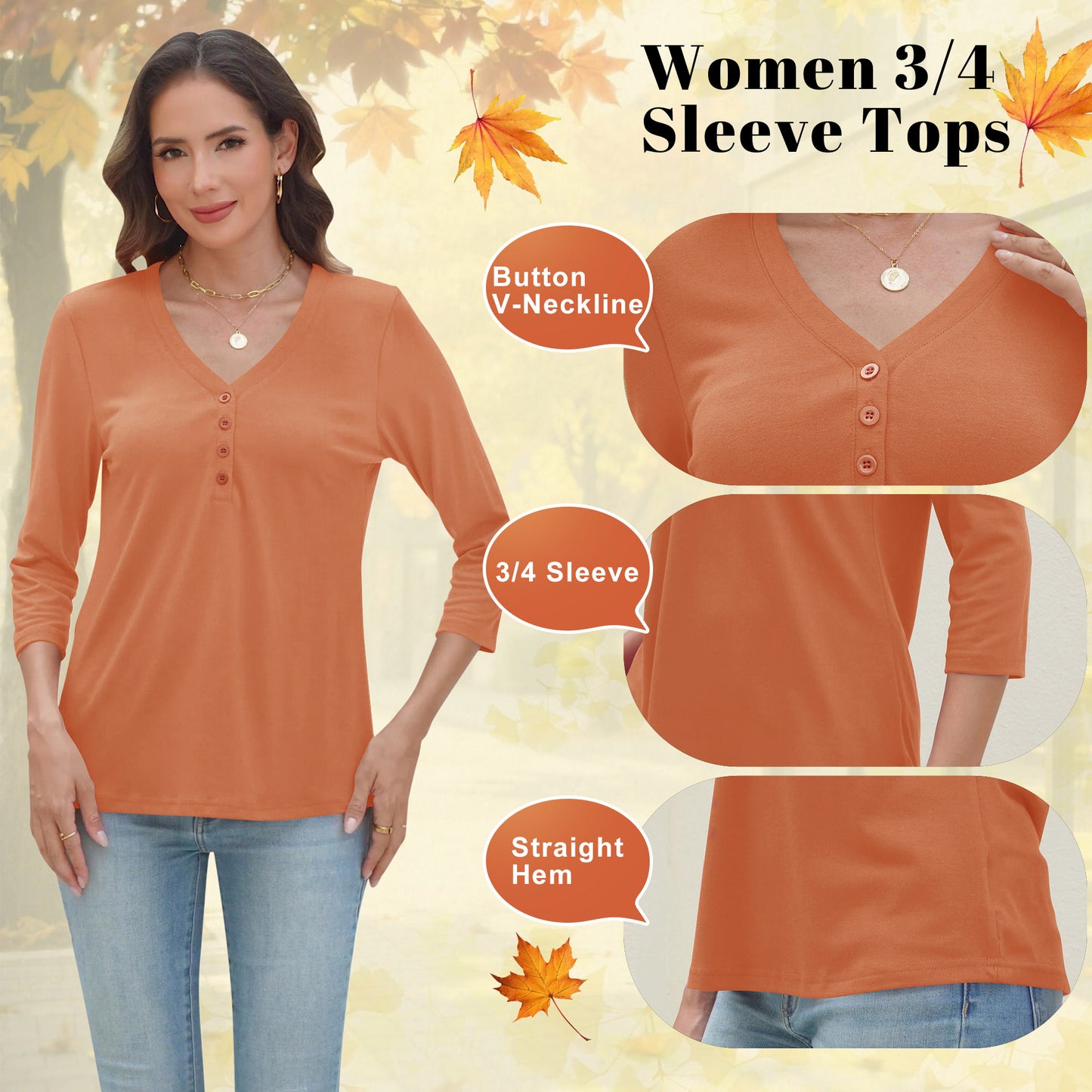 VDJ Womens 3/4 Sleeve Tops Summer V Neck Casual Coral Basic Tees Loose Fit Blouses