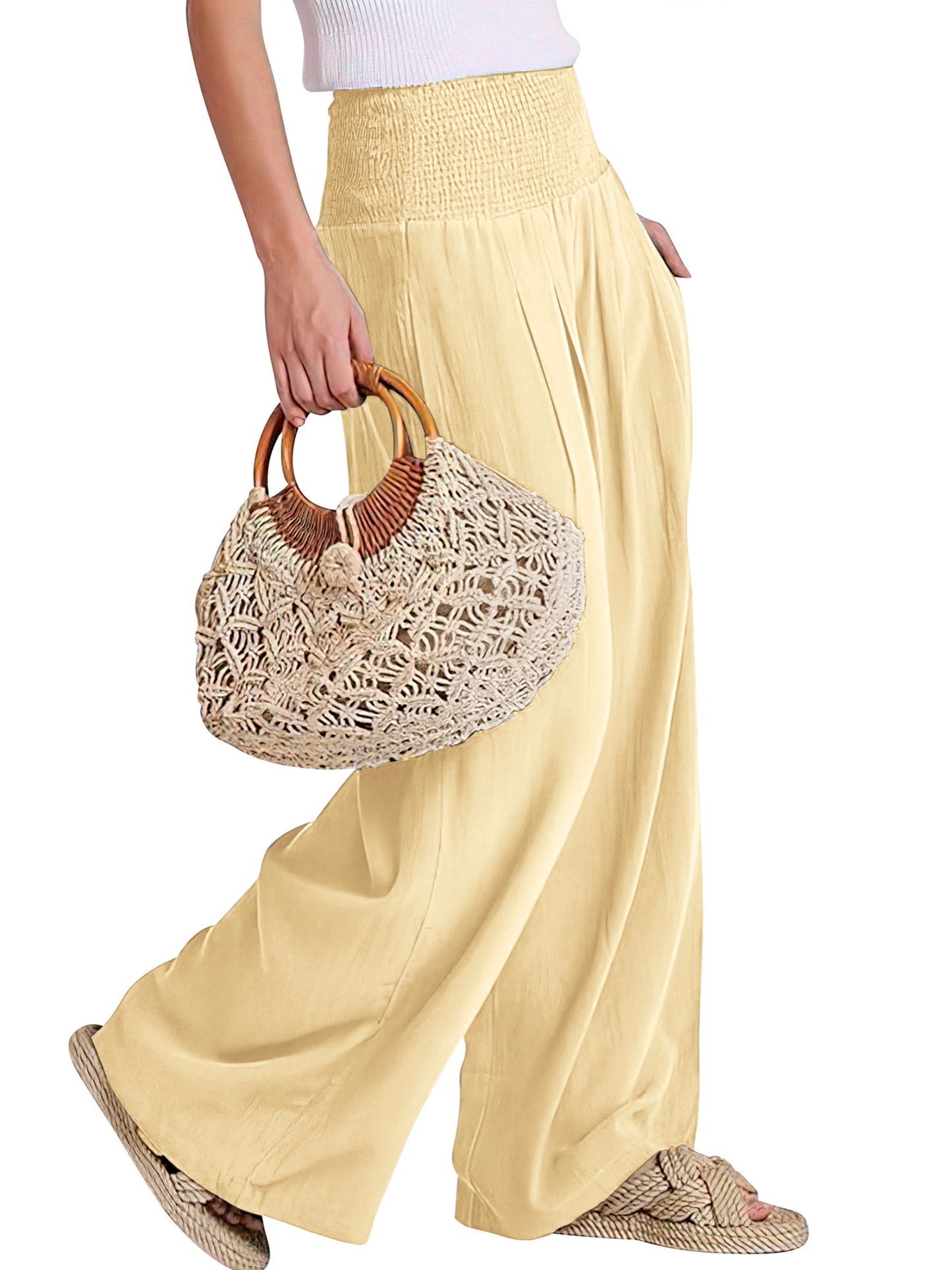 VDJ Women's Casual Wide Leg Pants Summer Boho High Waisted Beach Palazzo Trousers Flowy Lounge Pant