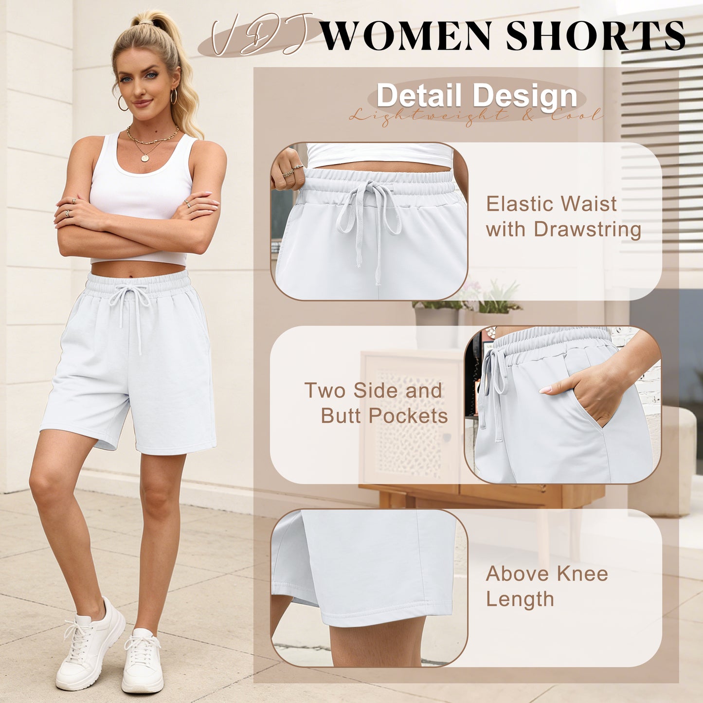 VDJ Sweat Shorts with Pockets for Women 9" Athletic Sports Bermuda French Terry Knee Lounge Shorts