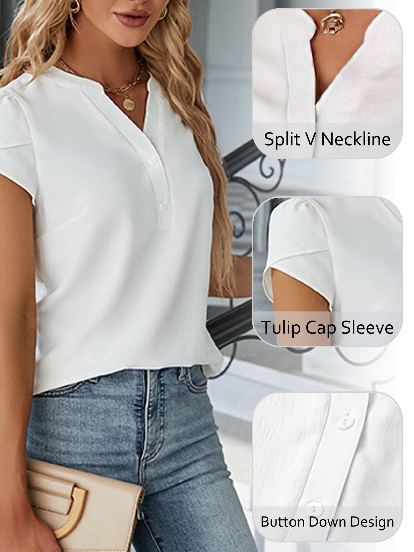 VDJ Women Dressy Tops Summer Petal Short Sleeve V Neck White Tshirts Fashion Business Blouses Lightweight Clothes