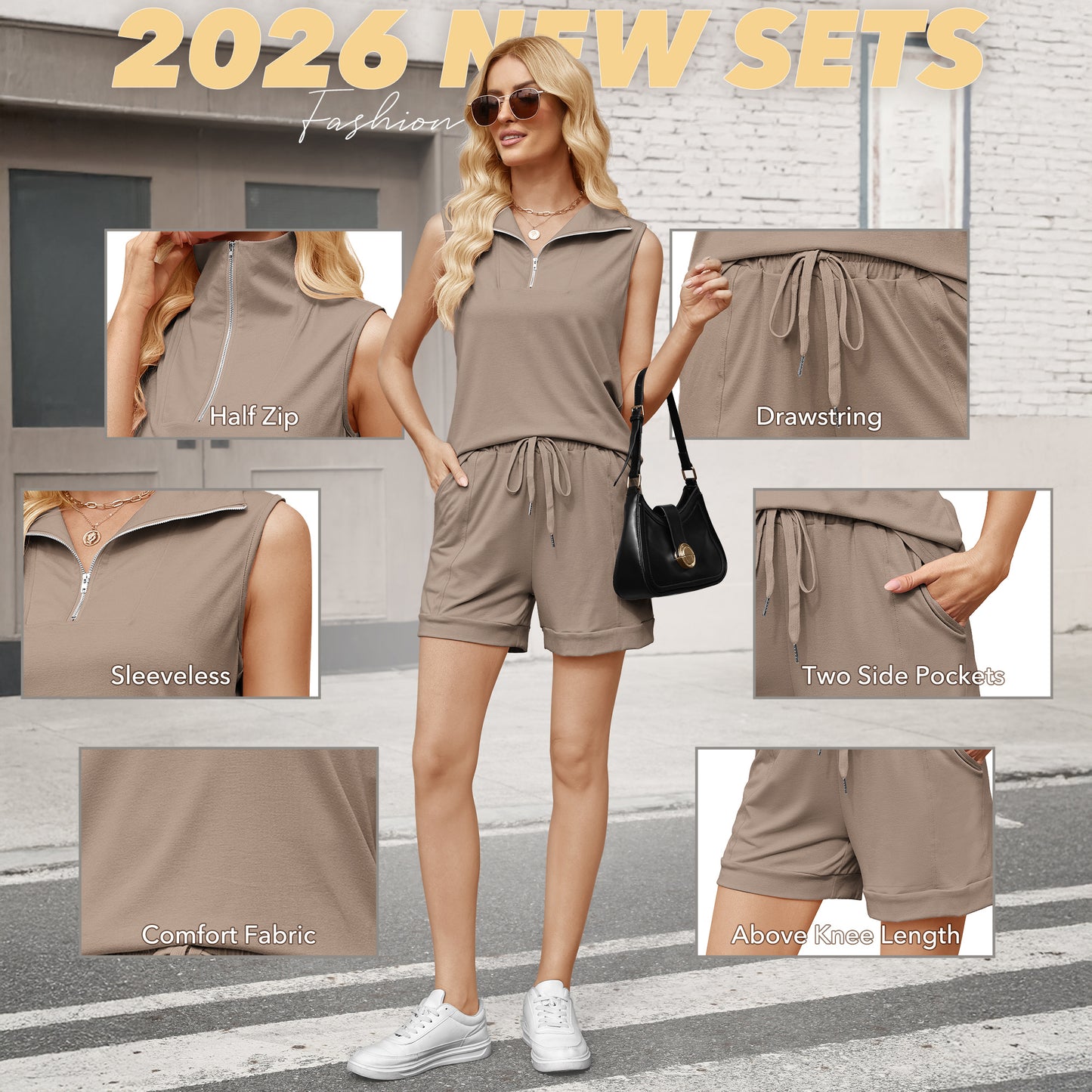 VDJ Two Piece Outfits for Women Lounge Sets Vest Tops and Shorts Set Sweatsuits with Pockets Coffee Sleeveless Fashion Tracksuit