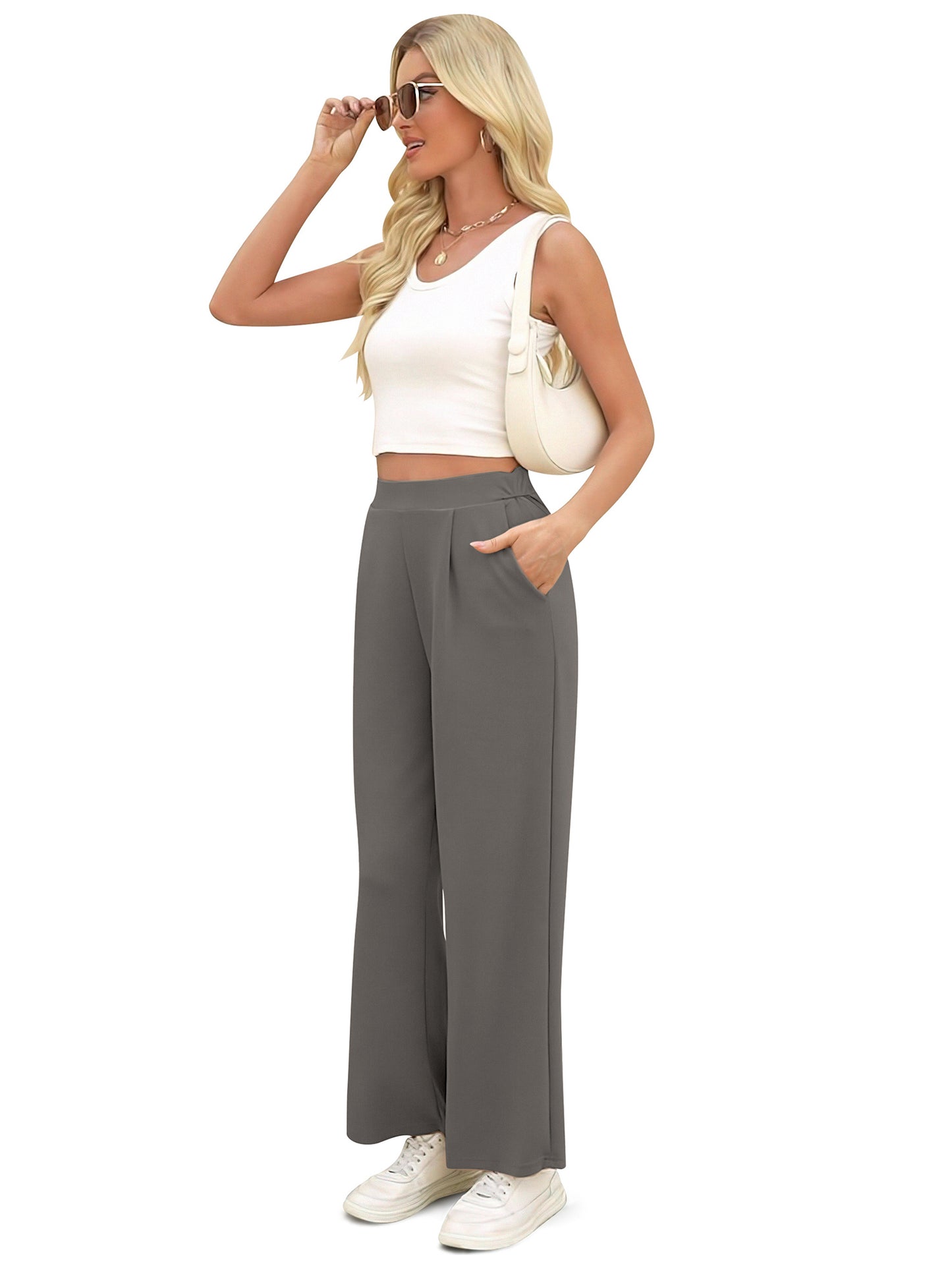 VDJ Pants for Women Elastic Waist Athleisure Casual Stretch 28" Inseam Wide Leg Sweatpants with Pockets Dark Gray Trousers