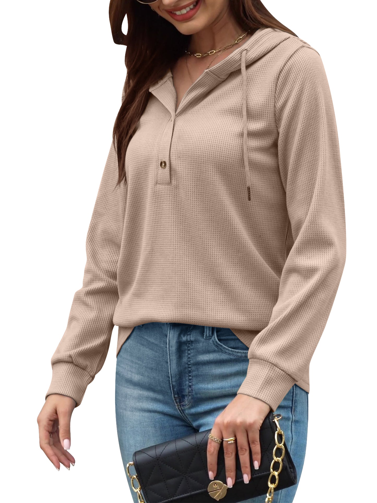 VDJ Womens Fall Tops Hoodies Pullover Casual Long Sleeve Button Hooded Sweatshirts Lightweight Autmun Clothing