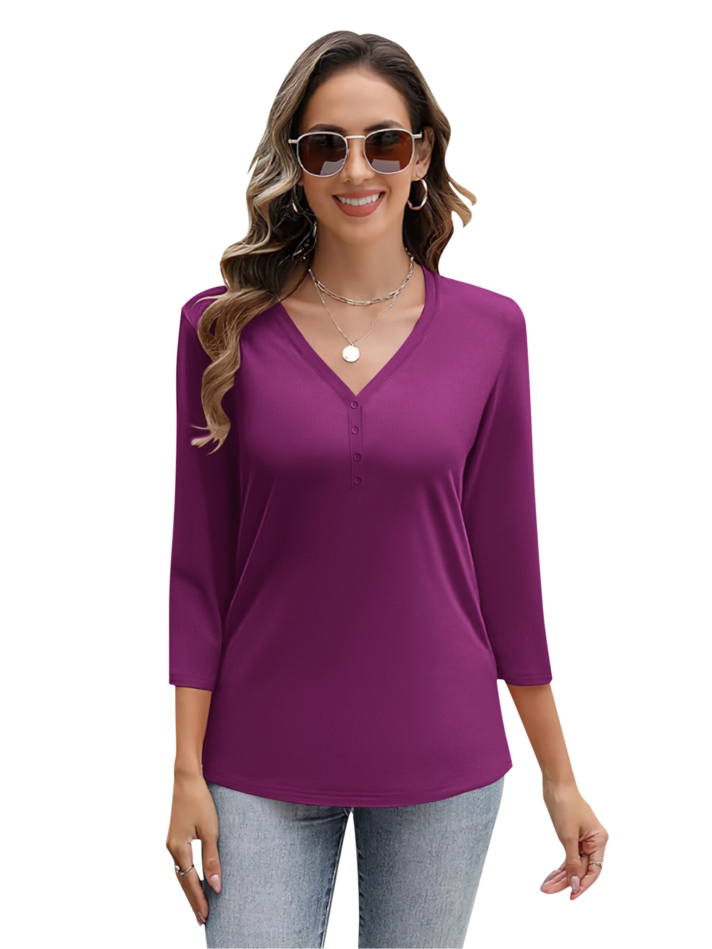 VDJ Women Fall Shirts Lightweight Dressy Casual Tshirts Dark Blue Solid Button Down Blouse Tunic Tops