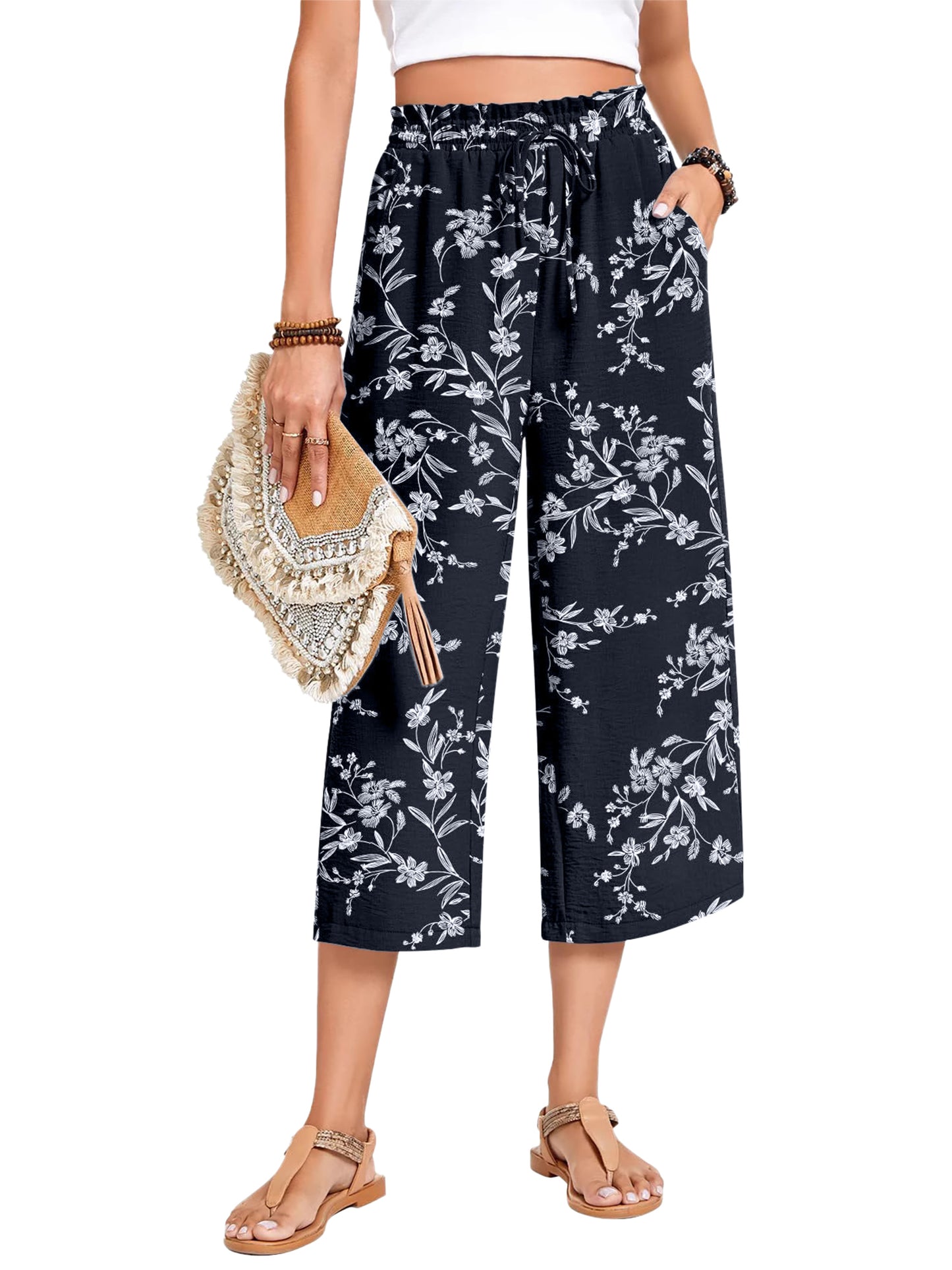 VDJ Fashion Pants for Women High Waist Drawstirng Summer Capri Pants Tie Belt Pockets Summer Vacation Pants
