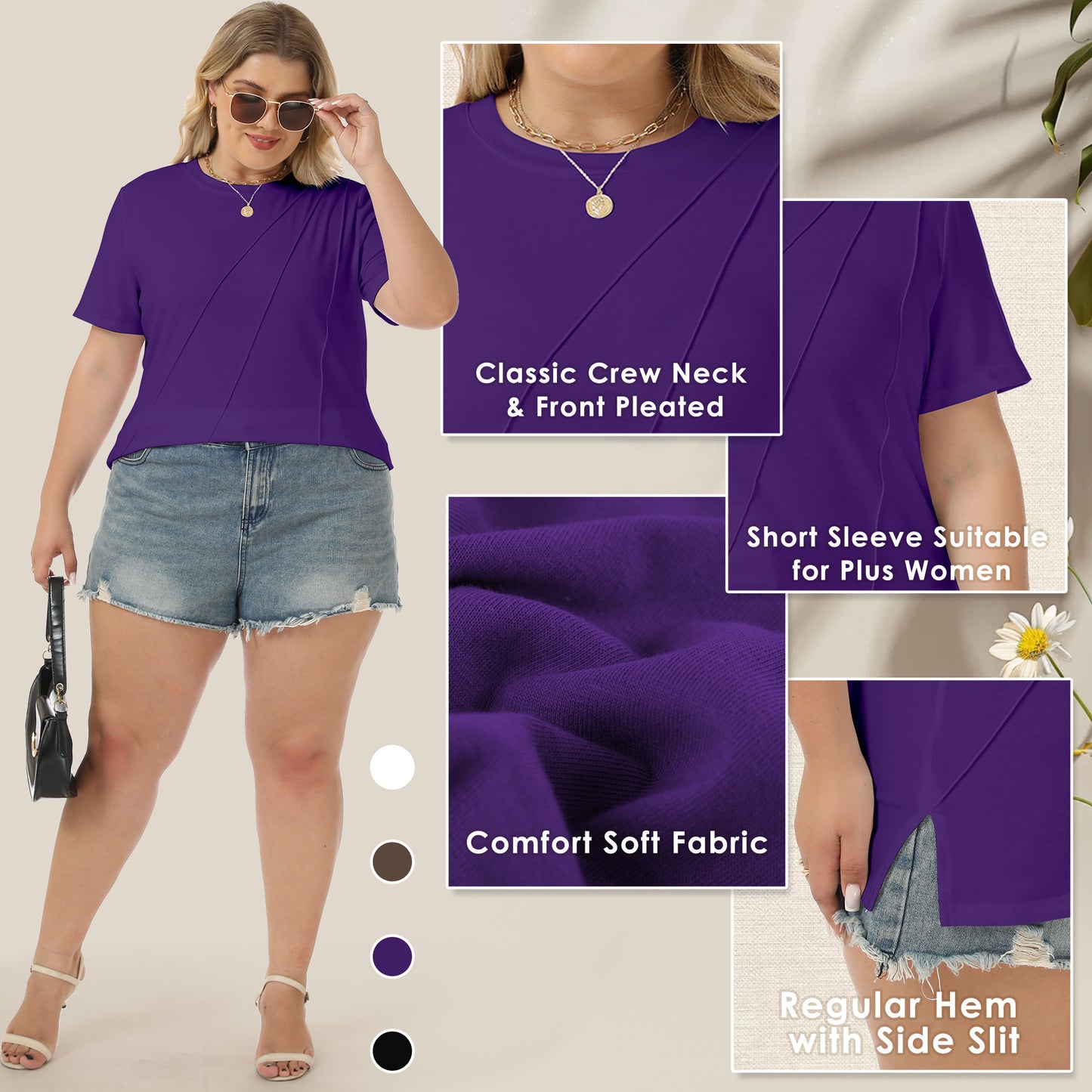 VDJ Womens Plus T Shirts Short Sleeve Casual Dressy Blouse Fashion Loose Summer Business Purple Tunic Tops