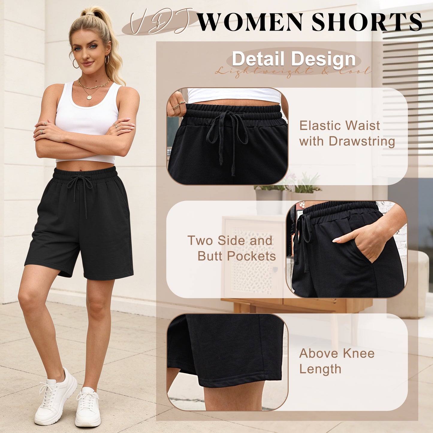 VDJ Womens Bermuda Shorts Elastic Wasit Drawstring Casual Loose Comfy Black Summer Shorts with Pockets