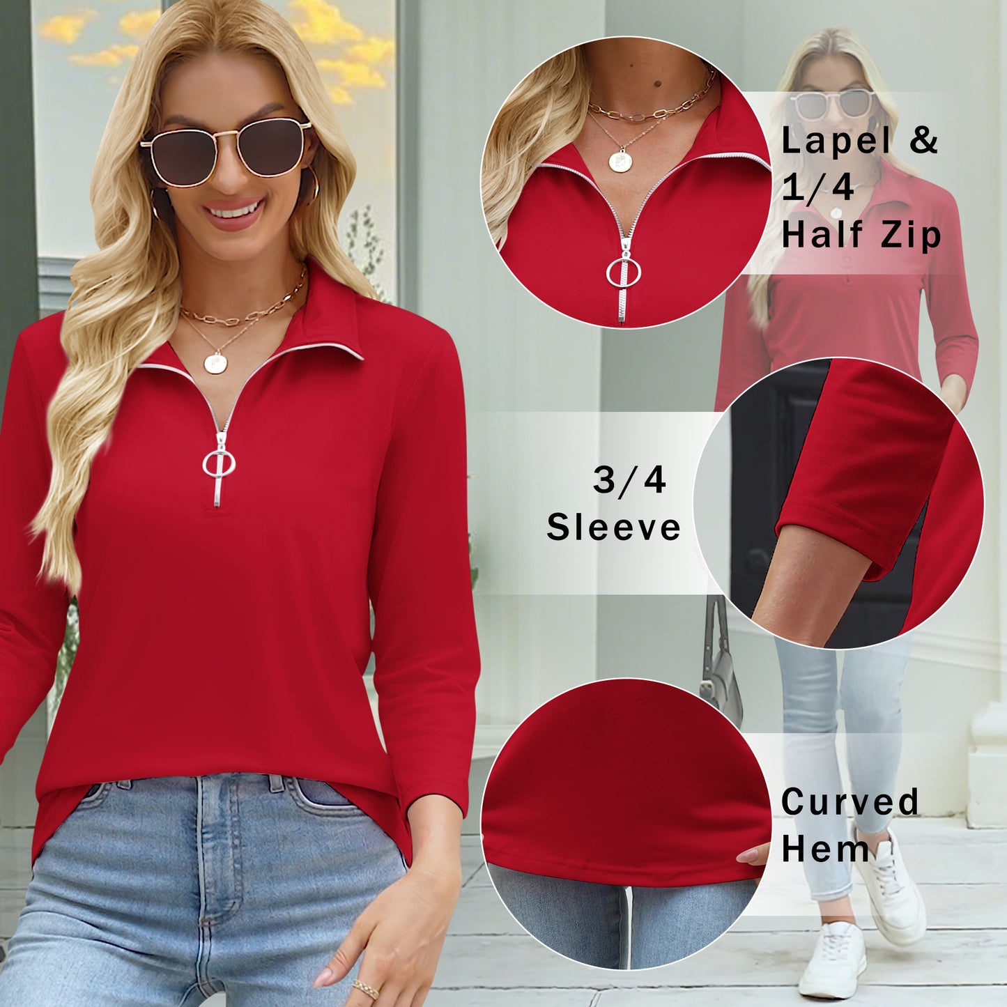 VDJ Womens Summer T Shirts Fashion Casual 3/4 Sleeve Tunic Half Zip Collar Holiady Loose Red Cute Tops for Laidies