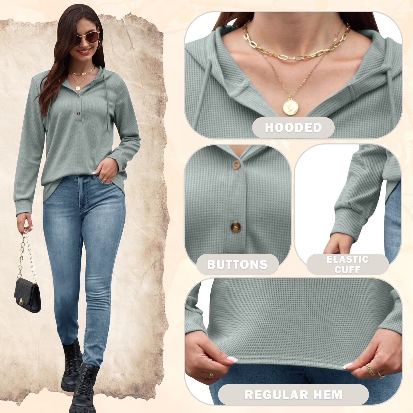 VDJ Womens Hoodies Long Sleeve Button V Neck Hooded Pullover Solid Waffle Knit Drawstring Solid Green Sweatshirts