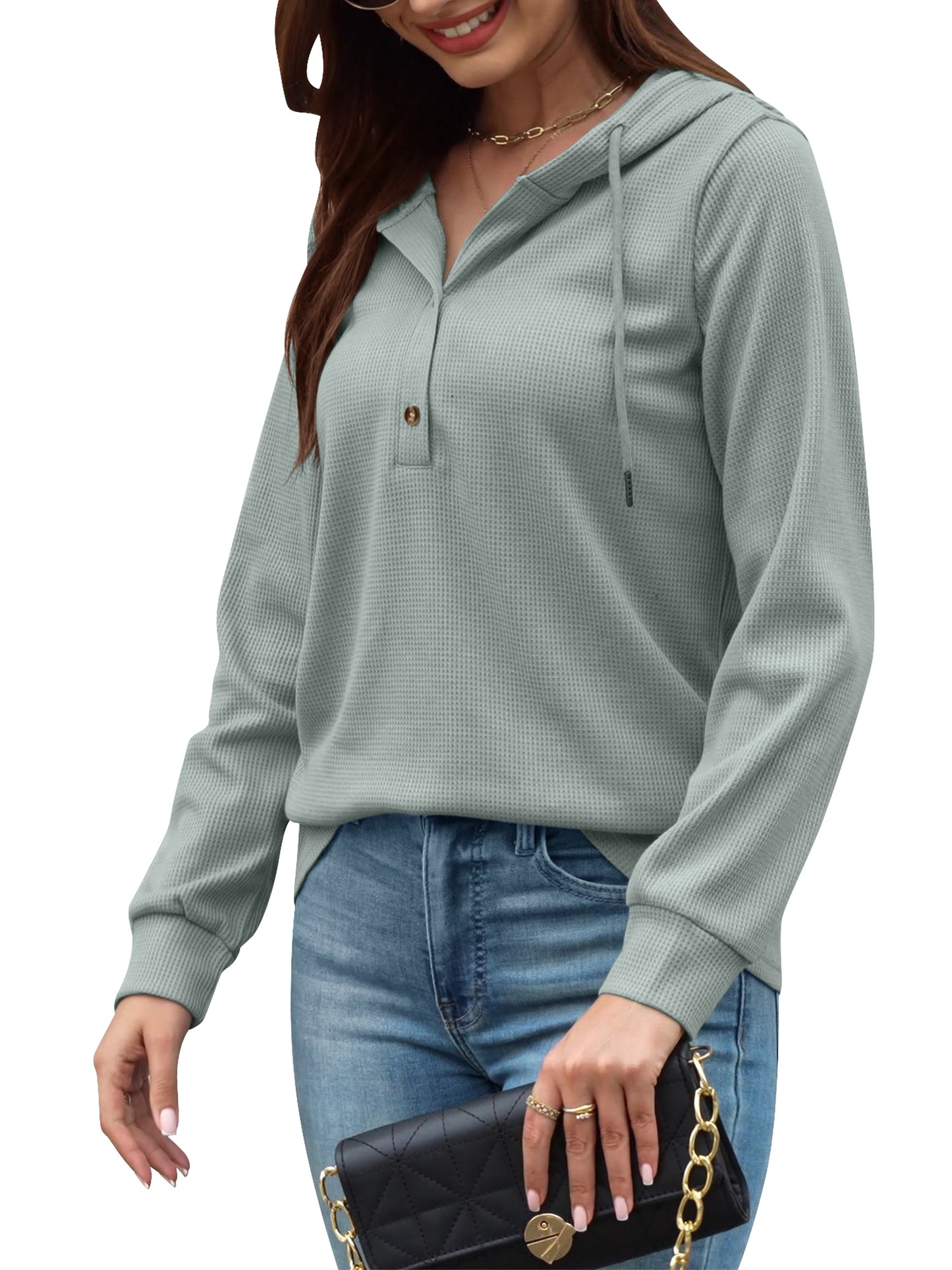 VDJ Womens Hoodies Long Sleeve Button V Neck Hooded Pullover Solid Waffle Knit Drawstring Solid Green Sweatshirts
