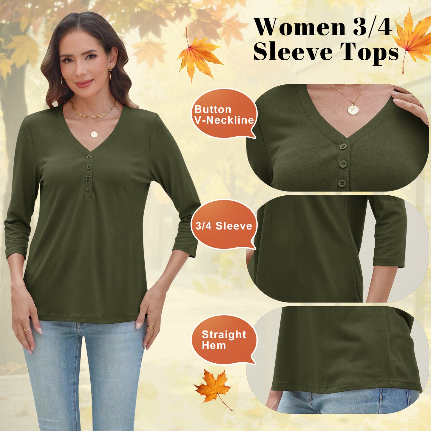 VDJ Women Summer T Shirts Casual Loose 3/4 Sleeve V Neck Tunic Stylish Solid Color Army Green Business Tee Clothes